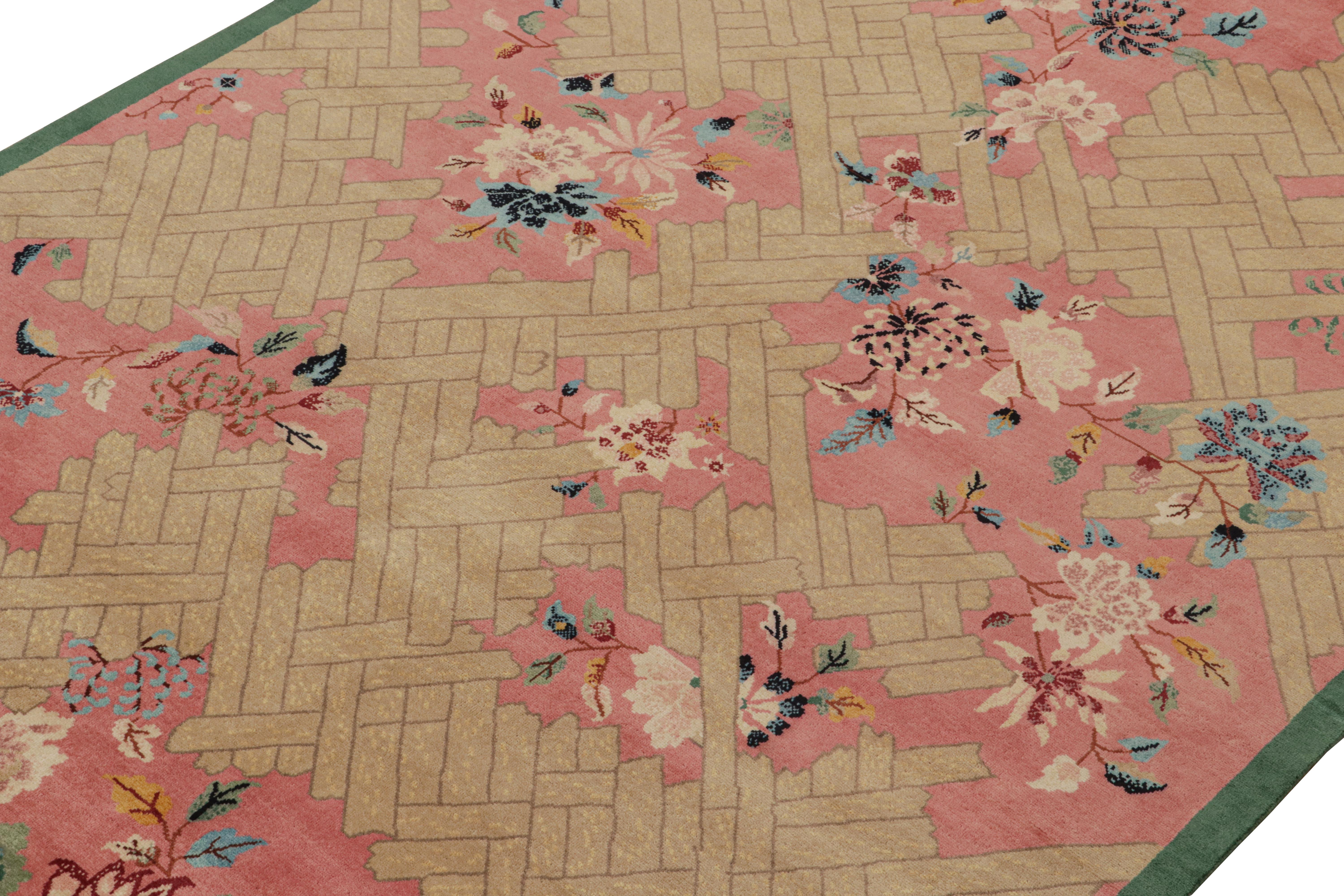 Hand-Knotted Rug & Kilim’s Chinese Style Art Deco rug in Pink with Colorful Florals For Sale