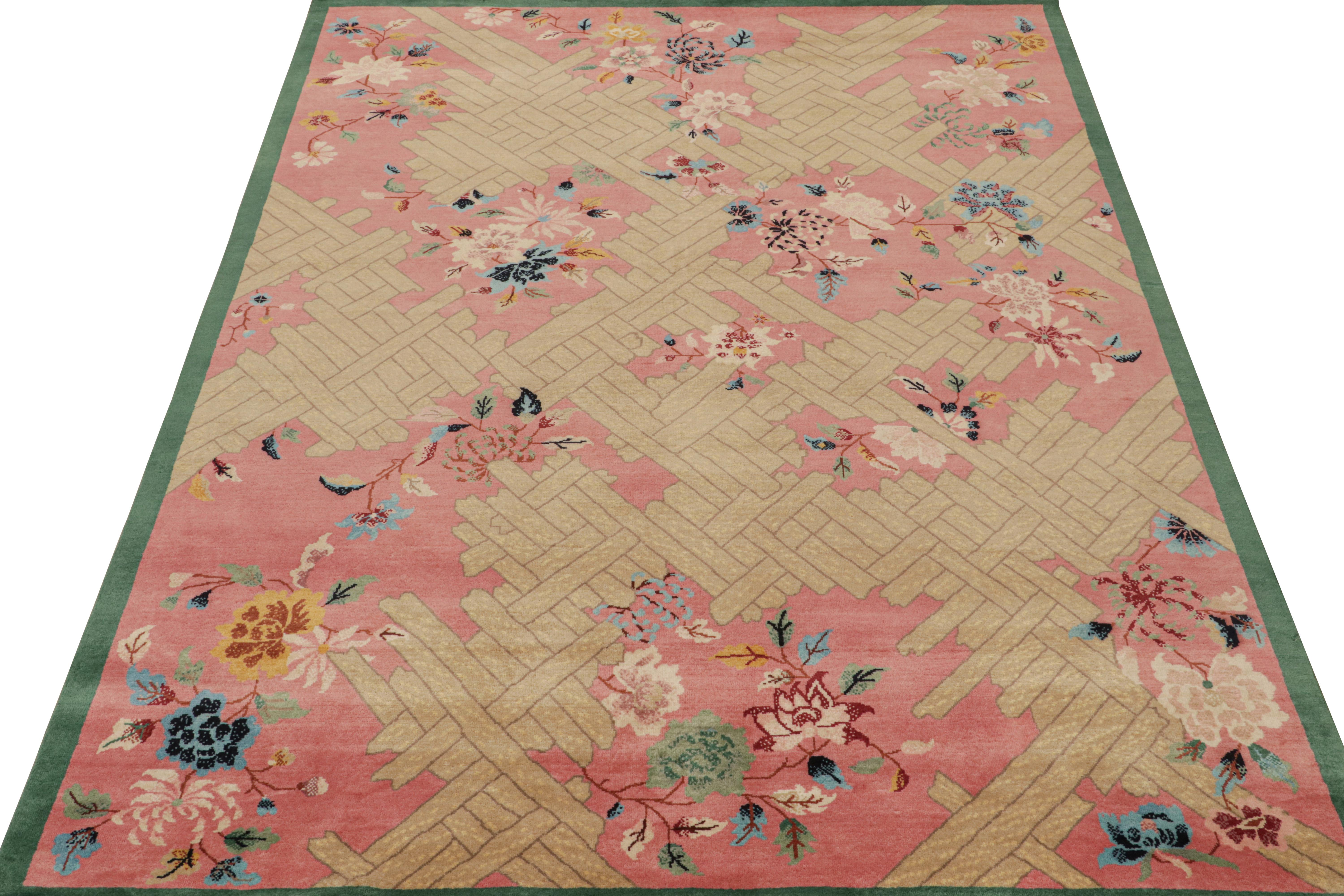 Rug & Kilim’s Chinese Style Art Deco rug in Pink with Colorful Florals In New Condition For Sale In Long Island City, NY