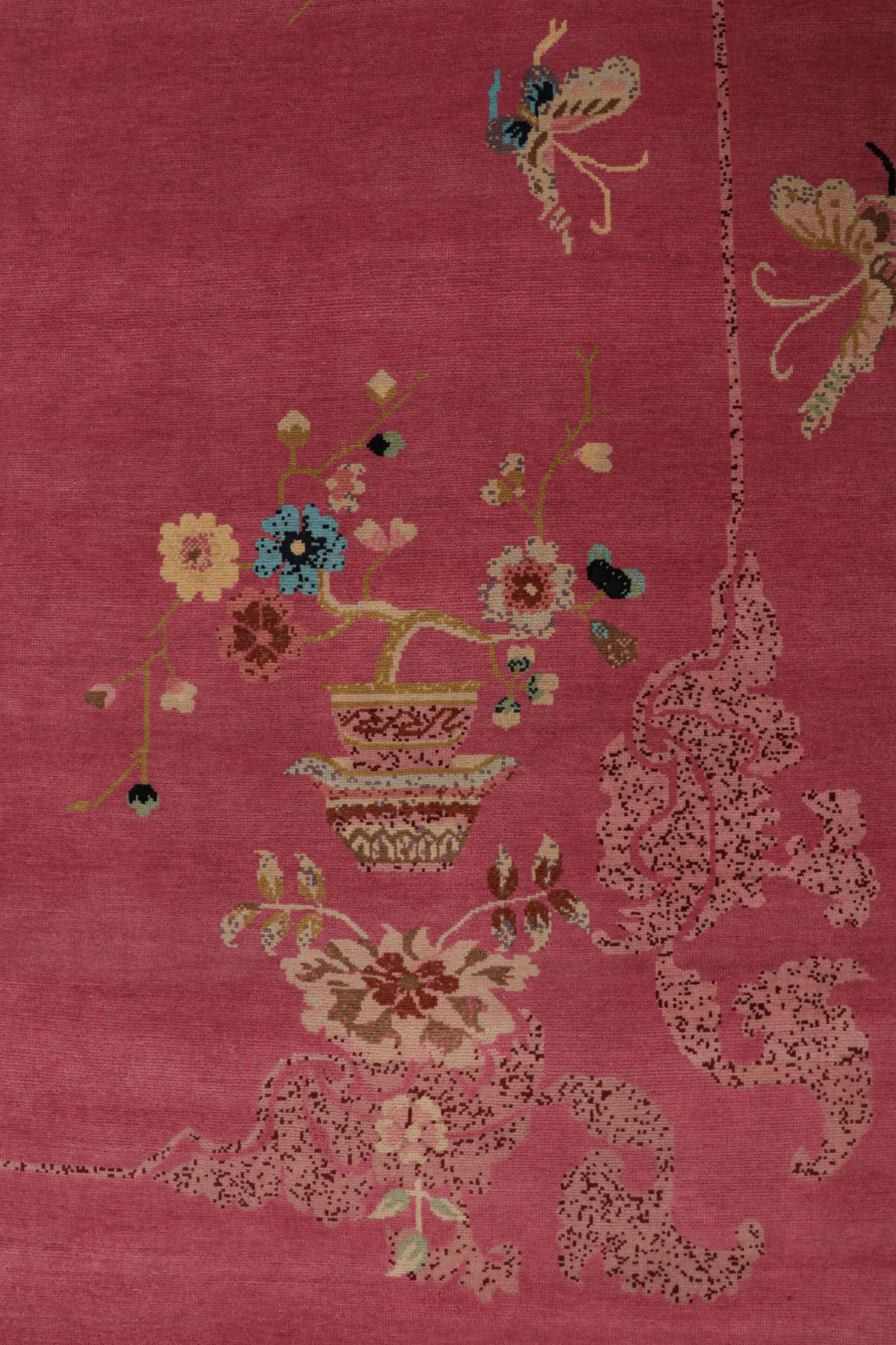 Contemporary Rug & Kilim’s Chinese Style Art Deco rug in Pink with Colorful Florals For Sale