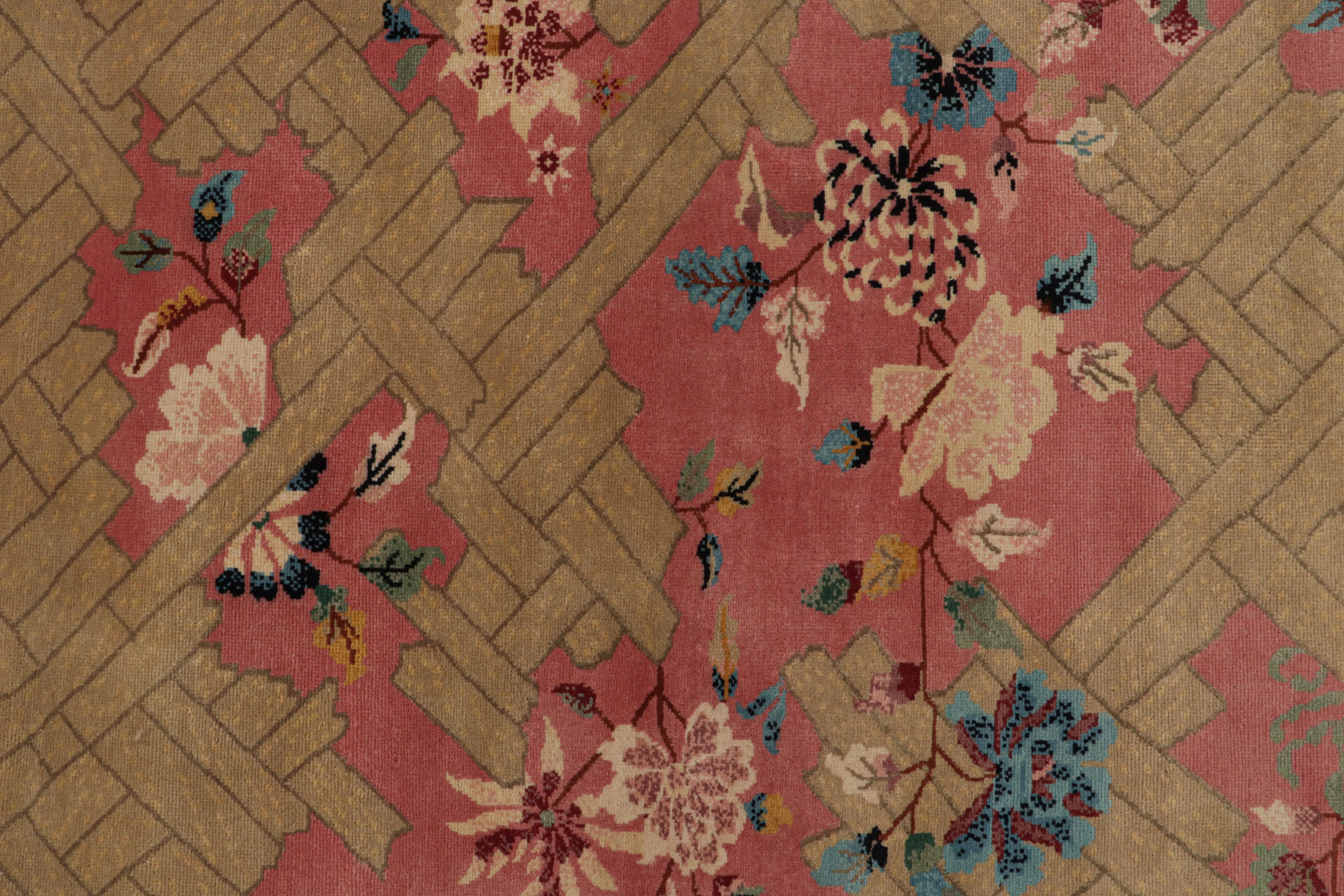 Contemporary Rug & Kilim’s Chinese Style Art Deco Rug in Pink with Colorful Florals For Sale