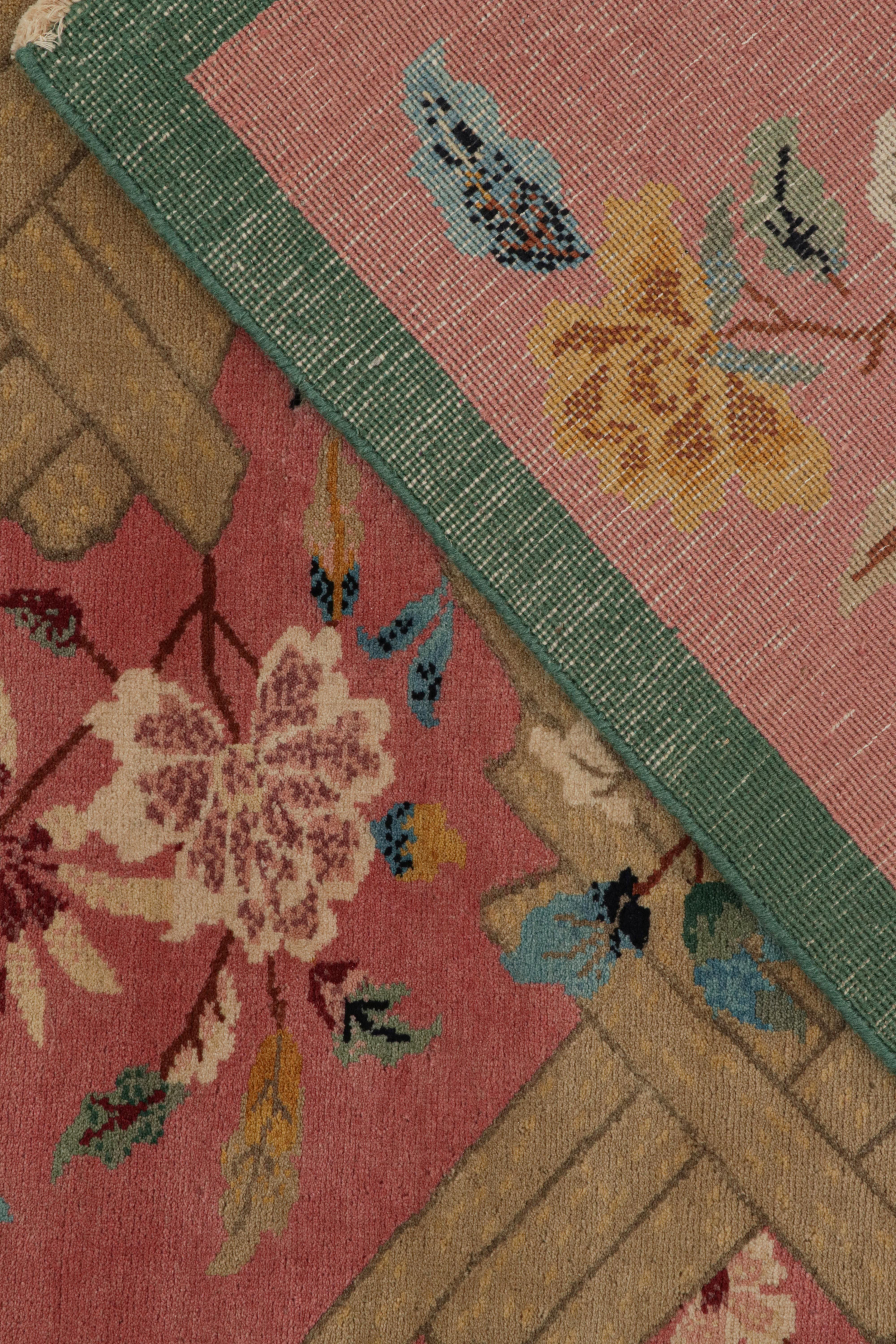 Wool Rug & Kilim’s Chinese Style Art Deco Rug in Pink with Colorful Florals For Sale