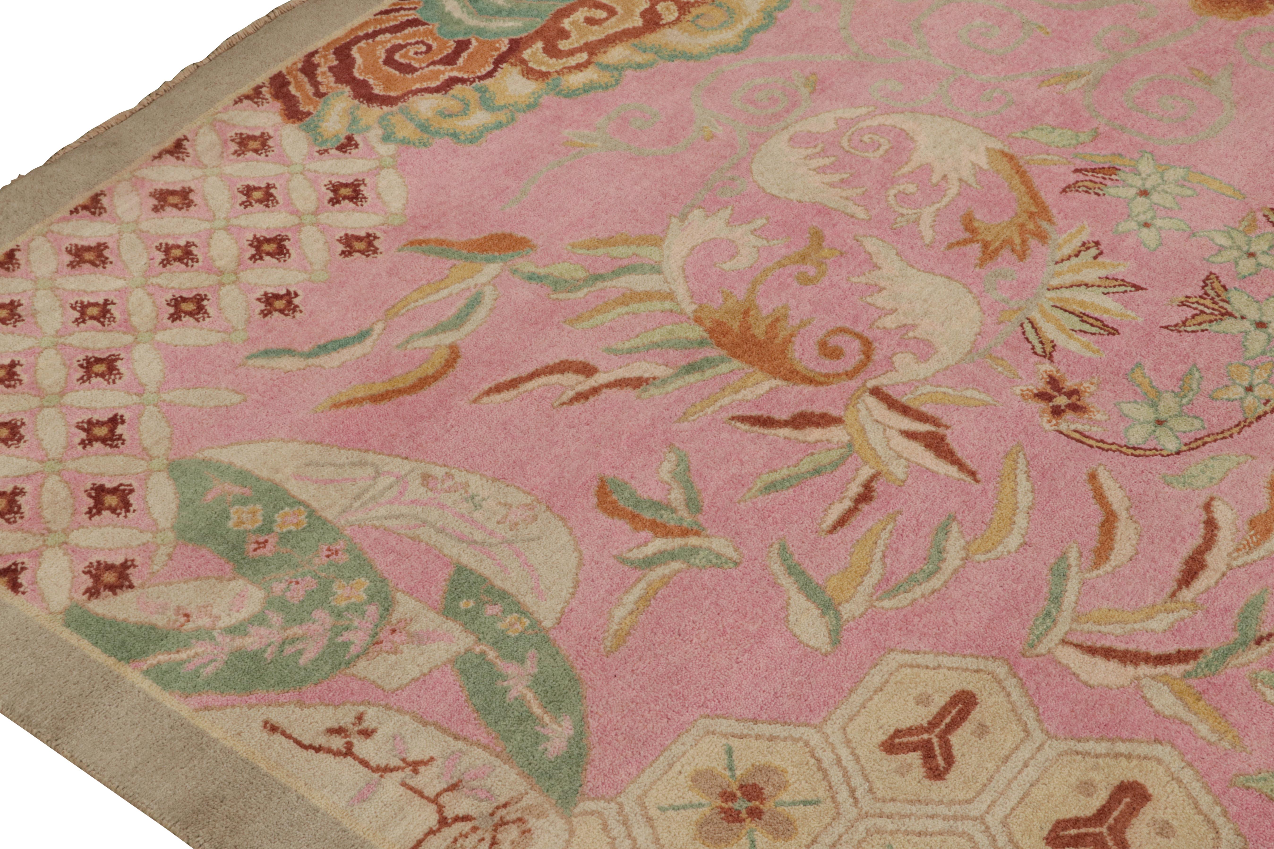 Indian Rug & Kilim’s Chinese Style Art Deco rug in Pink with Green & Gold-Brown Florals For Sale