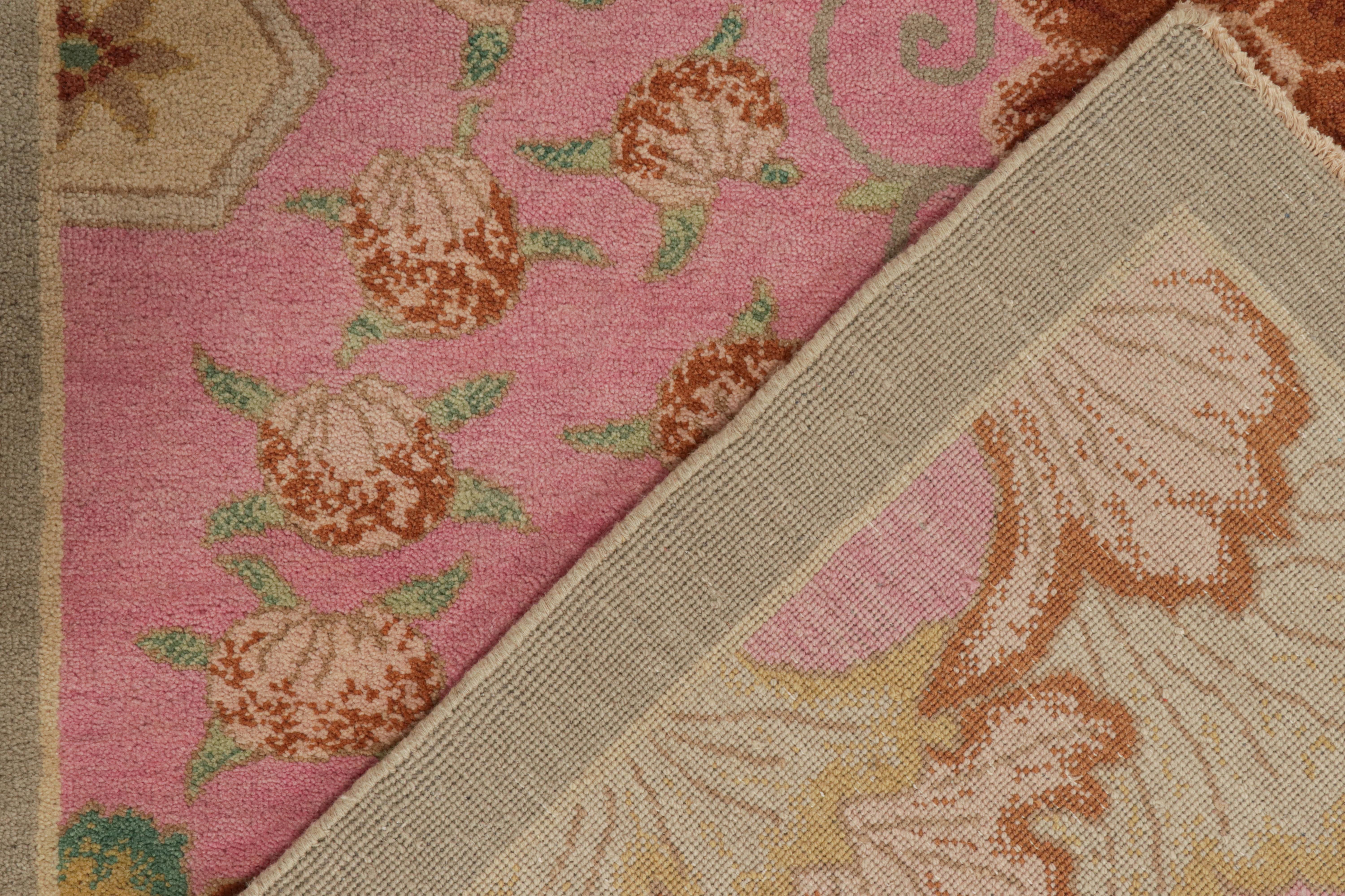 Wool Rug & Kilim’s Chinese Style Art Deco rug in Pink with Green & Gold-Brown Florals For Sale