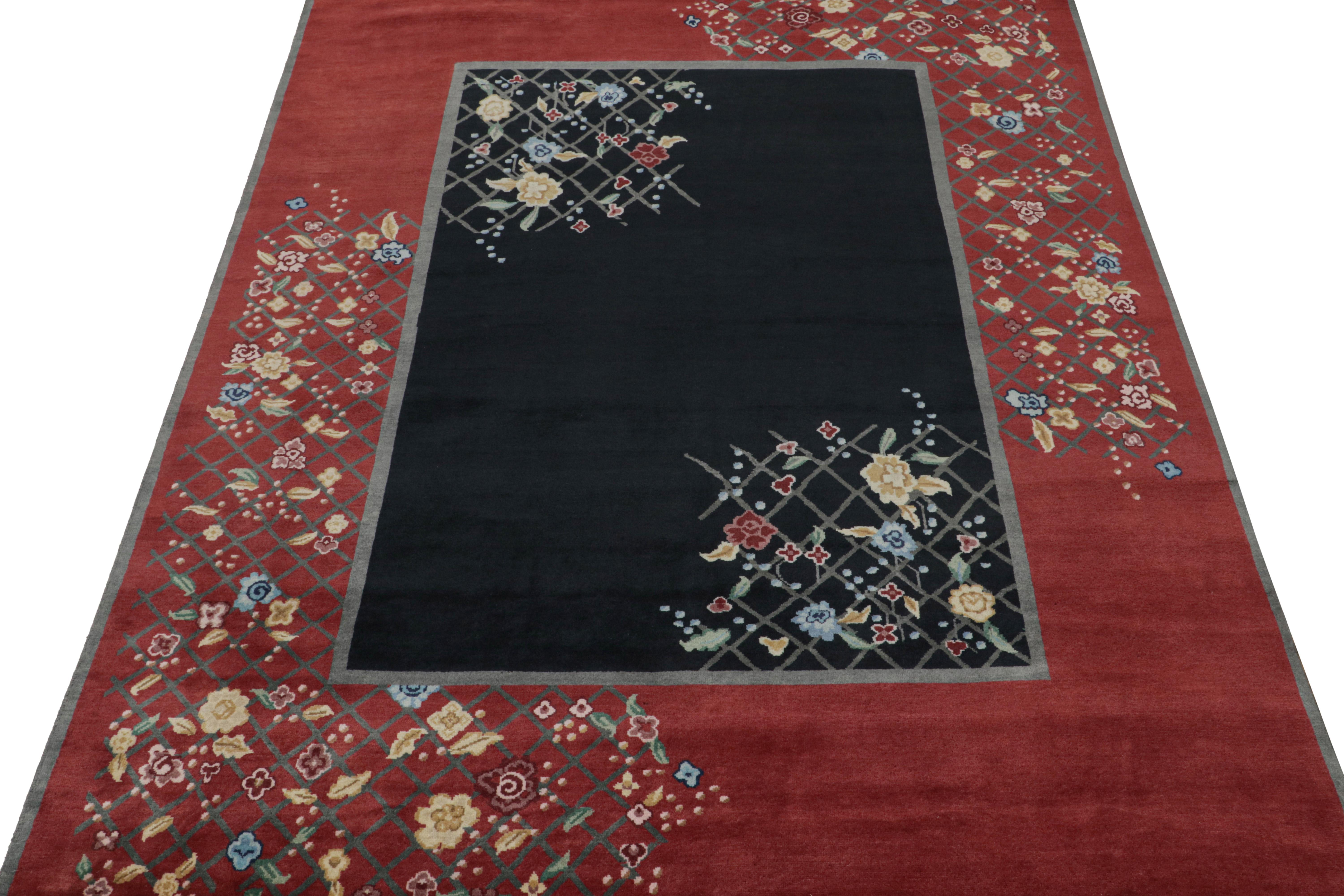 Indian Rug & Kilim’s Chinese Style Art Deco rug in Red & Black with Colorful Florals For Sale