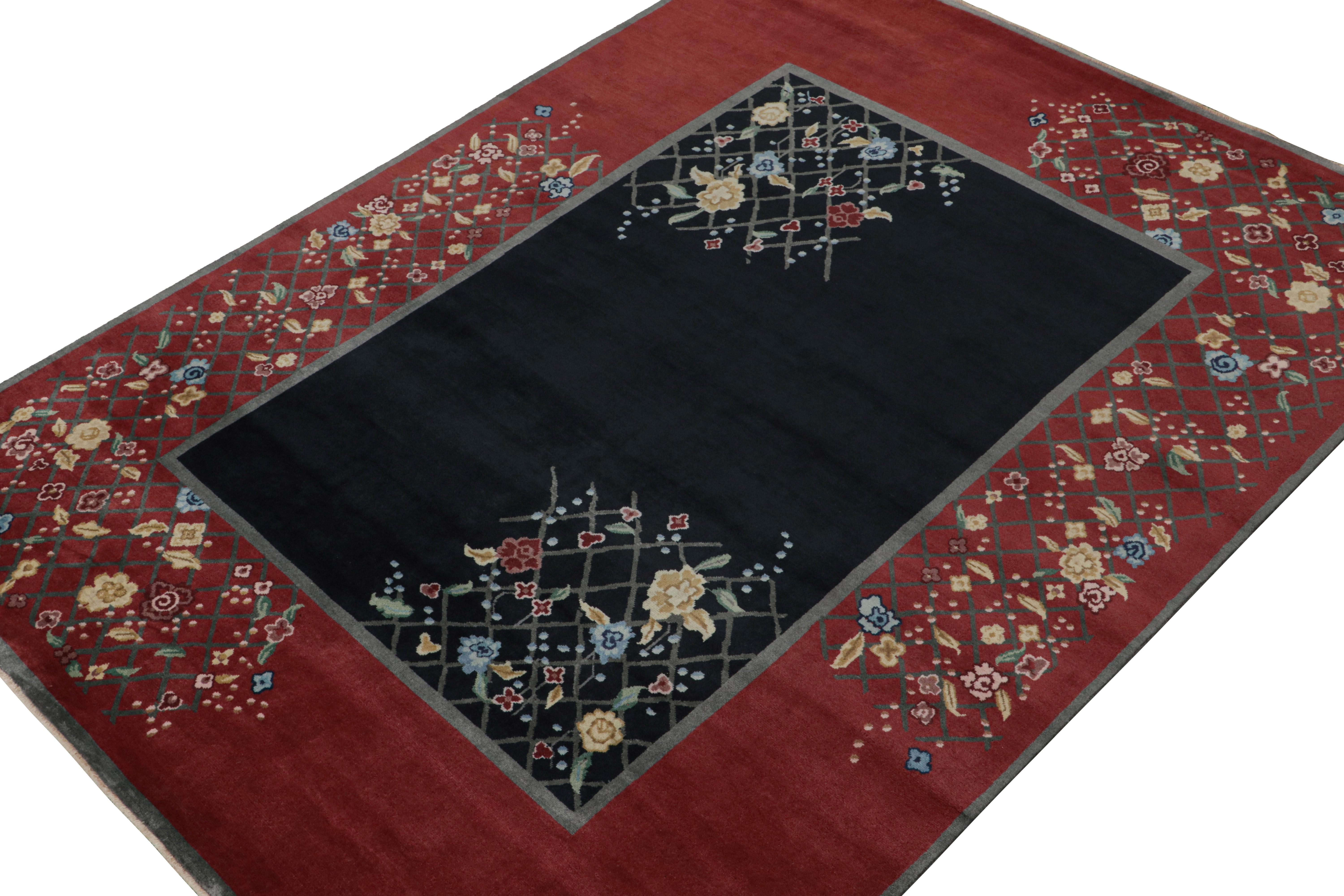 Hand-Knotted Rug & Kilim’s Chinese Style Art Deco rug in Red & Black with Colorful Florals For Sale