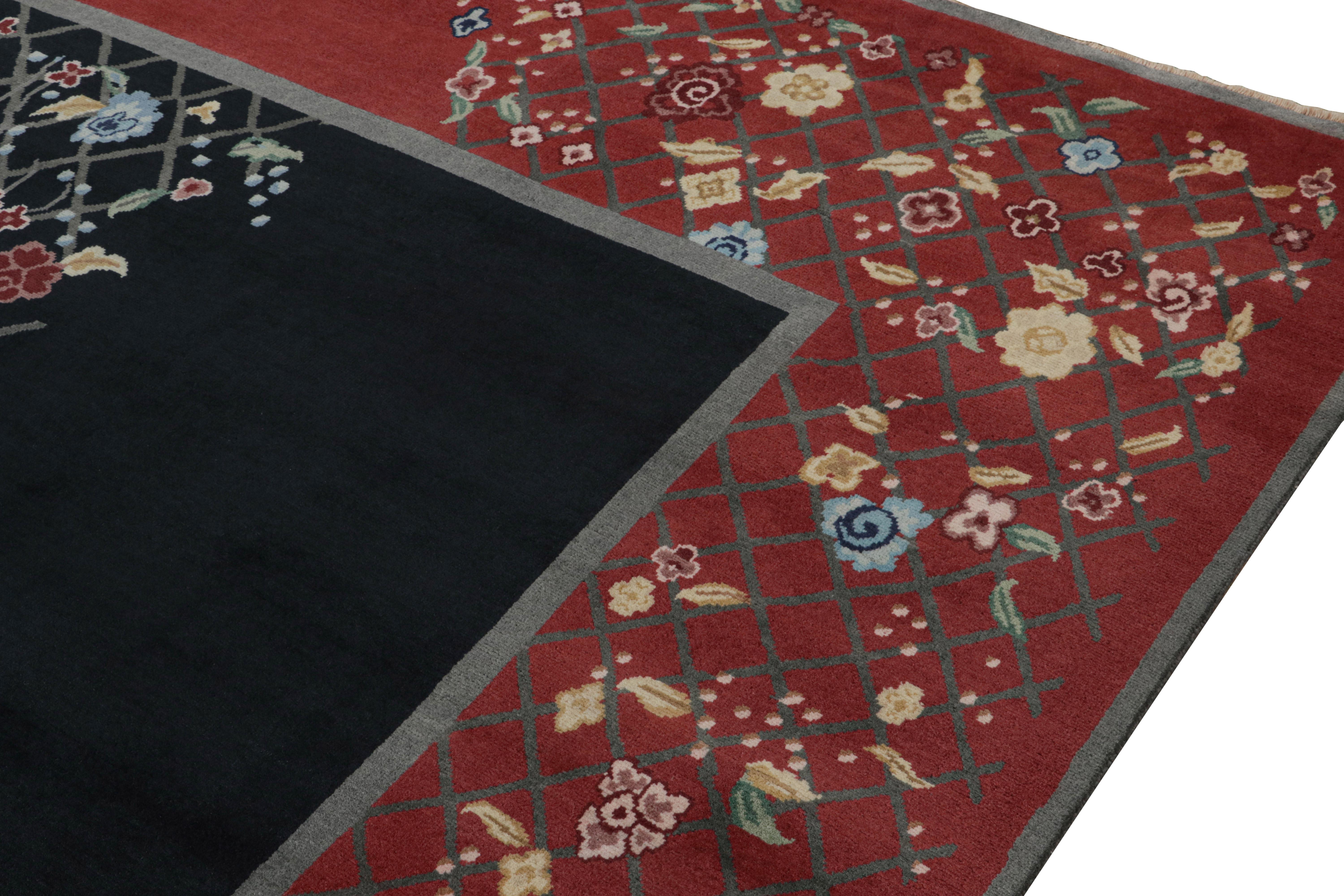 Rug & Kilim's Chinese Style Art Deco Teppich in Rot & Schwarz mit bunten Blumenmotiven (Handgeknüpft) im Angebot