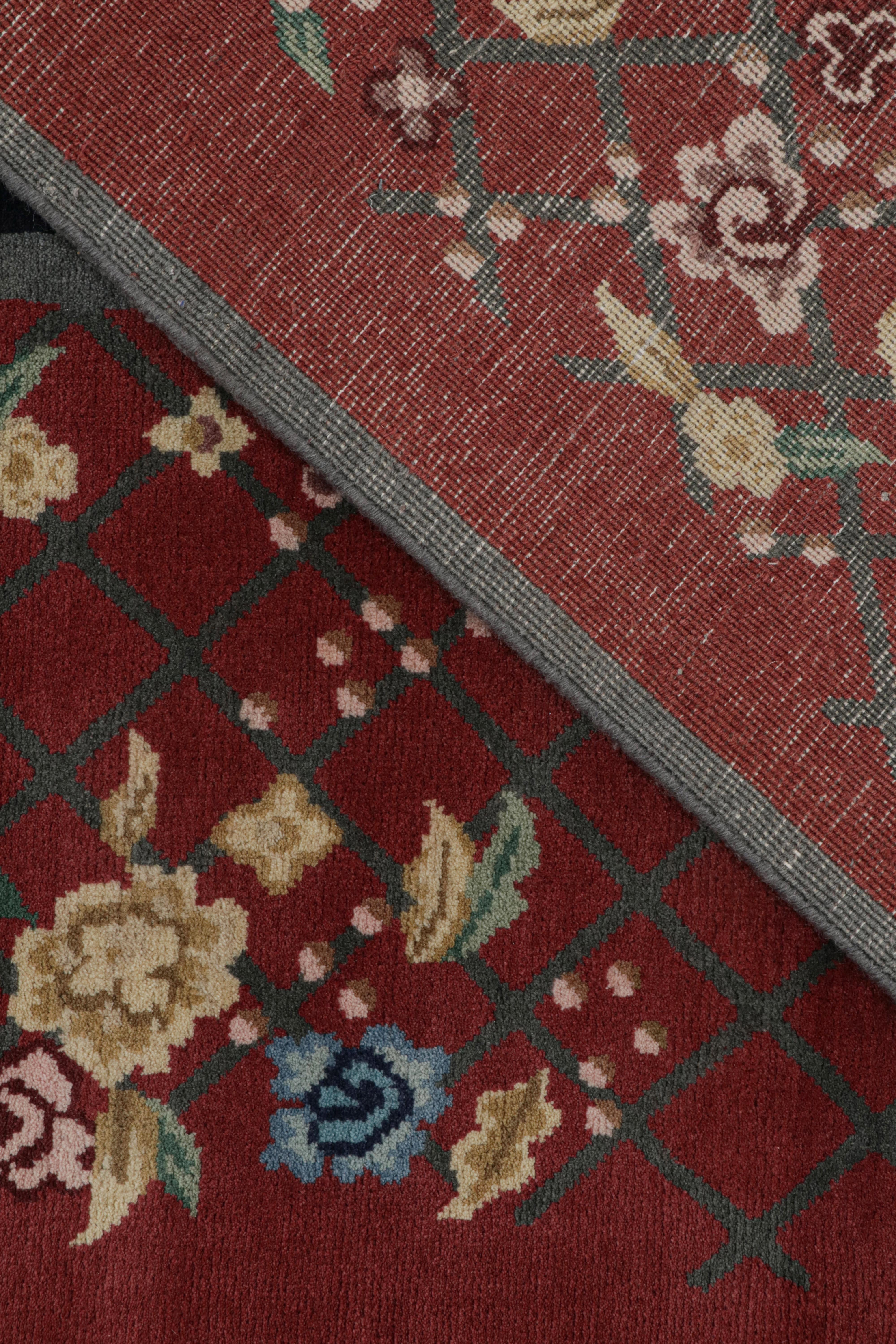 Wool Rug & Kilim’s Chinese Style Art Deco rug in Red & Black with Colorful Florals For Sale