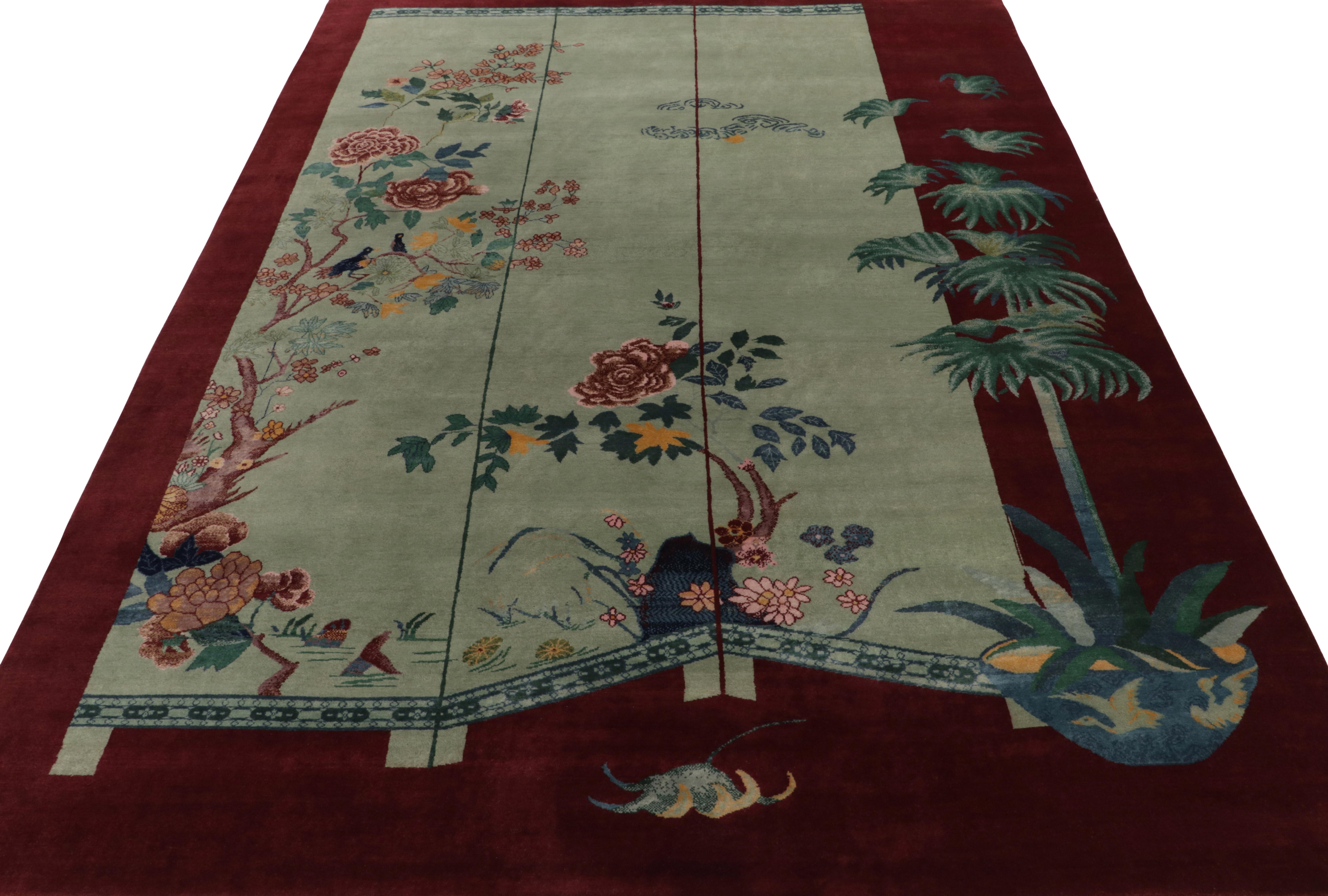 Noué à la main en laine, ce tapis 10x14 est une ode aux styles Art déco chinois. Il fait partie de la nouvelle Collection Deco de Rug & Kilim. 

A propos du Design/One : Cette pièce représente de manière unique un motif pictural de paravent chinois