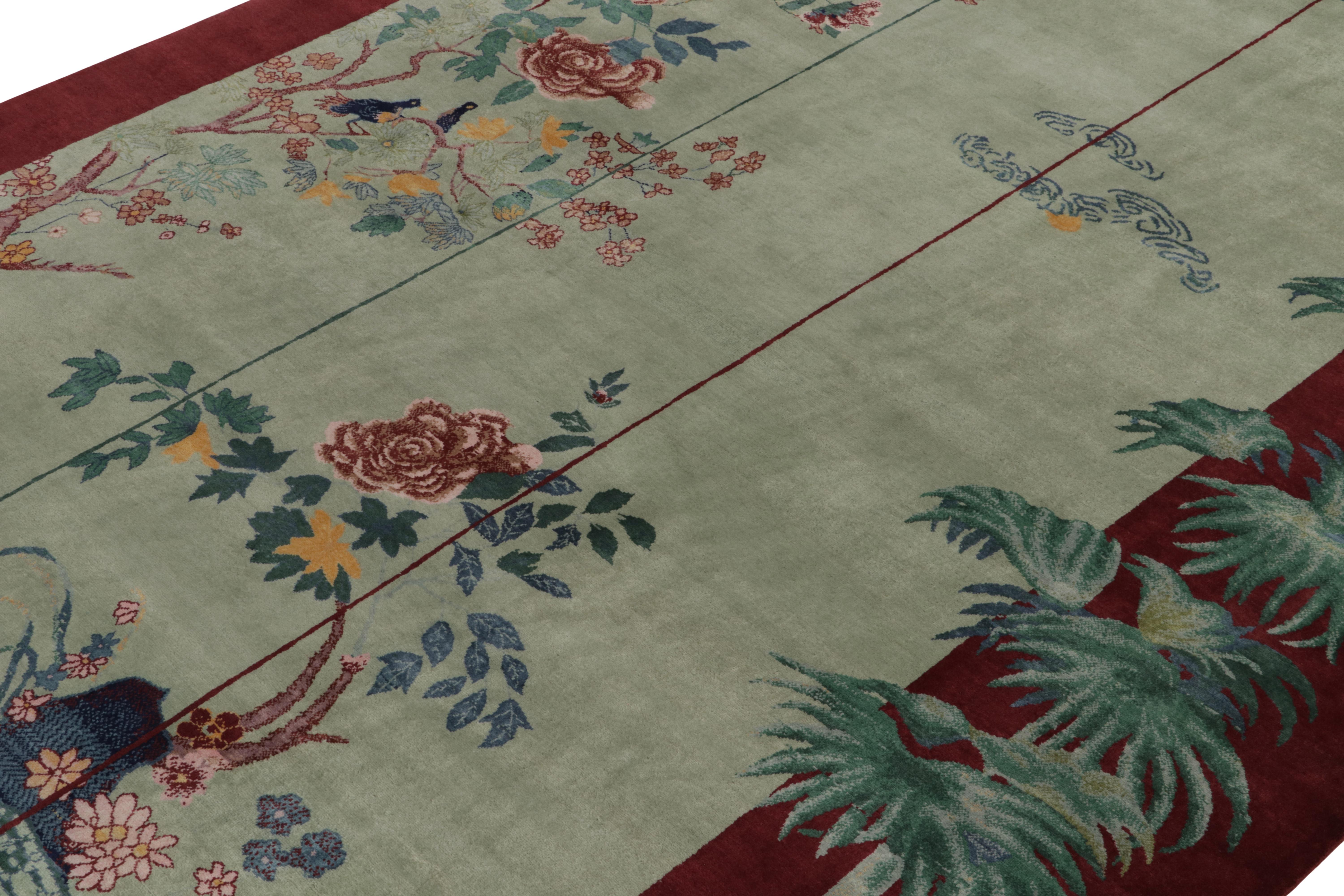 Indian Rug & Kilim’s Chinese Style Art Deco rug in Red with Green & Blue Pictorial For Sale