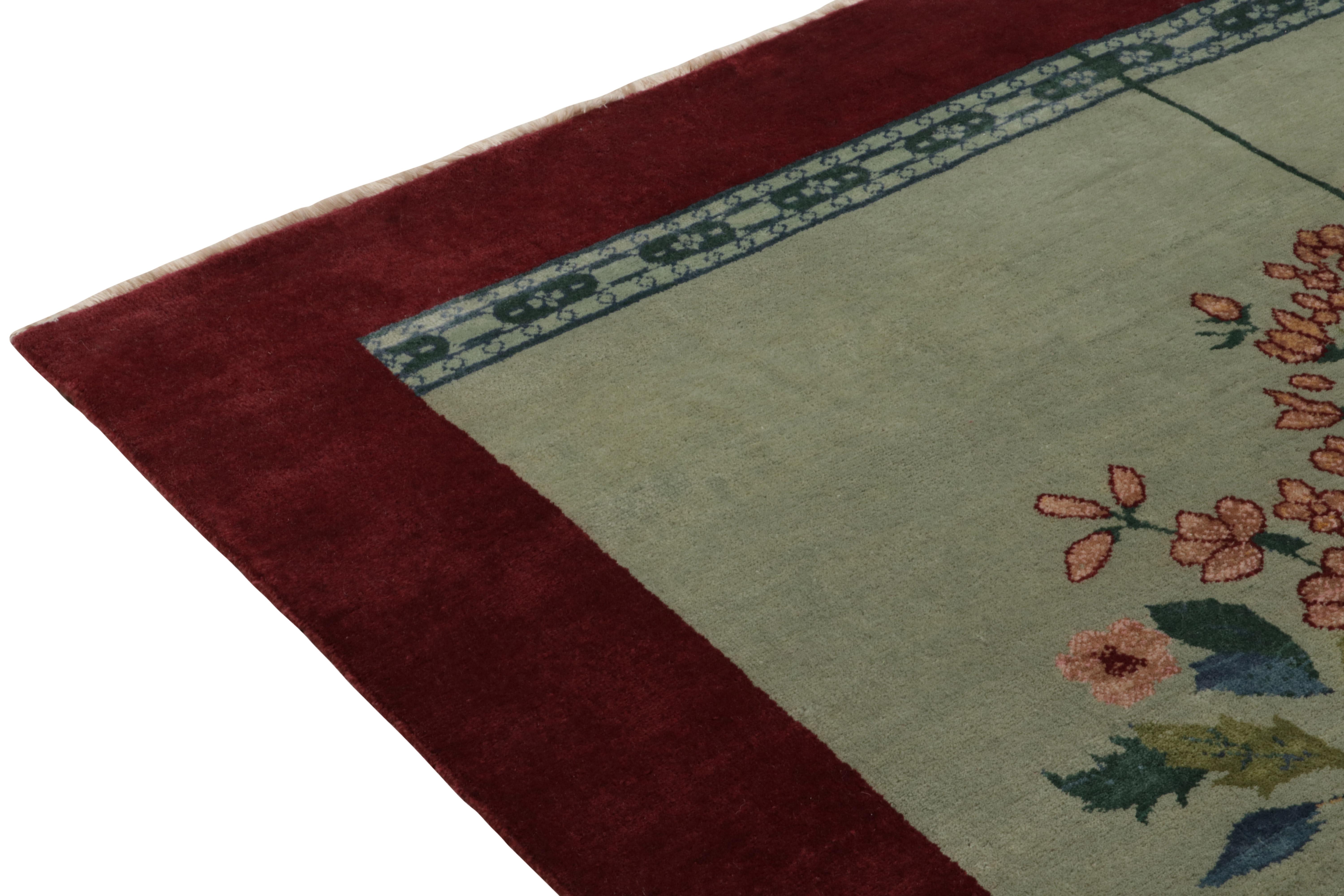 Hand-Knotted Rug & Kilim’s Chinese Style Art Deco rug in Red with Green & Blue Pictorial For Sale