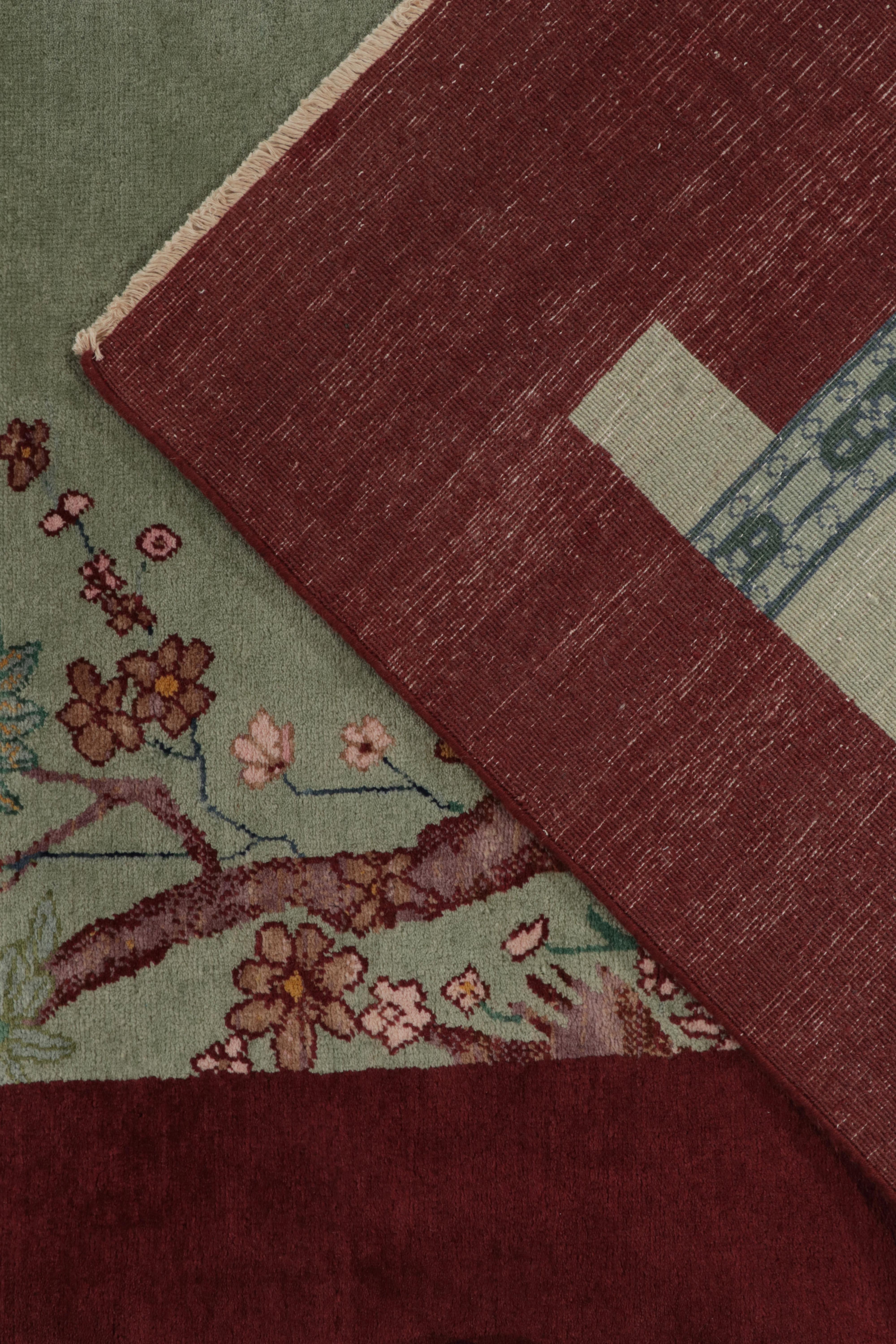 Rug & Kilim's Chinese Style Art Deco rug in Red with Green & Blue Pictorial Neuf - En vente à Long Island City, NY