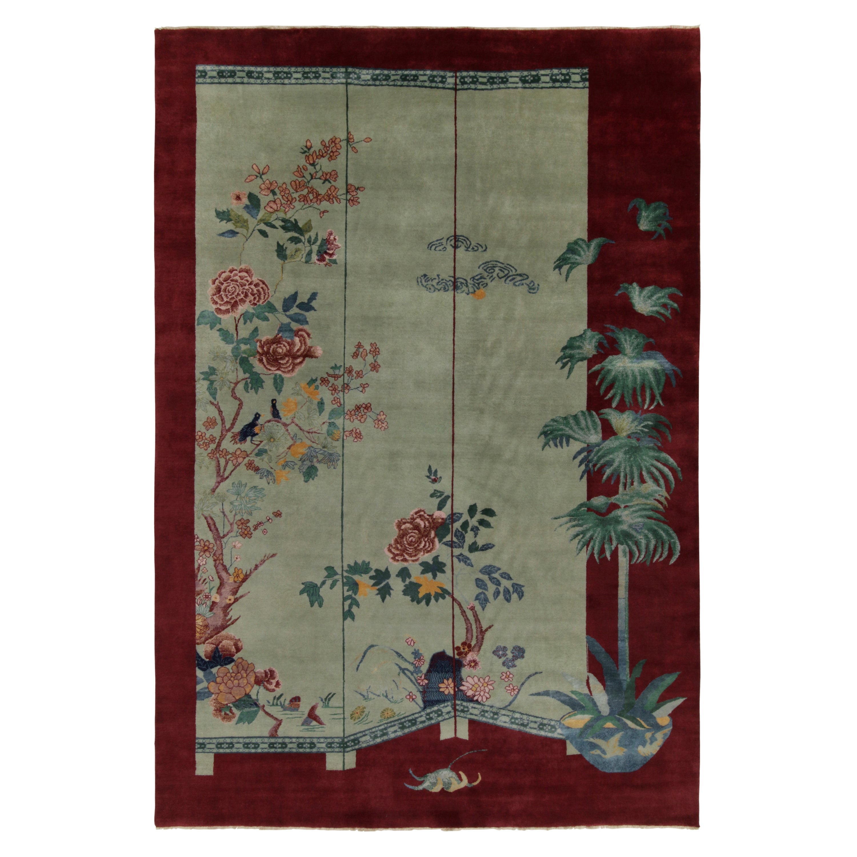 Rug & Kilim's Chinese Style Art Deco rug in Red with Green & Blue Pictorial en vente
