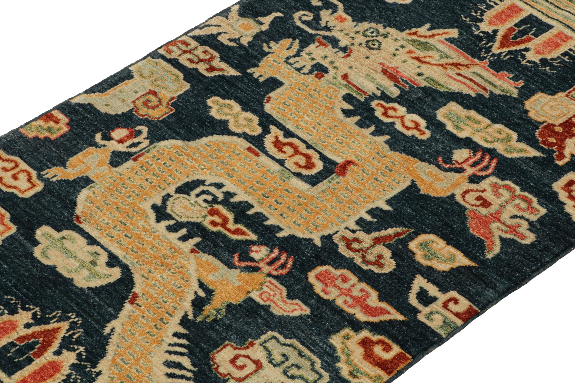 Latest to join Rug & Kilim’s Modern Classics collection is this 3x6 pictorial runner. hand-knotted in wool, the piece is inspired by antique Chinese masterpieces. 

Further on the Design:

This custom runner enjoys a gold dragon pictorial on