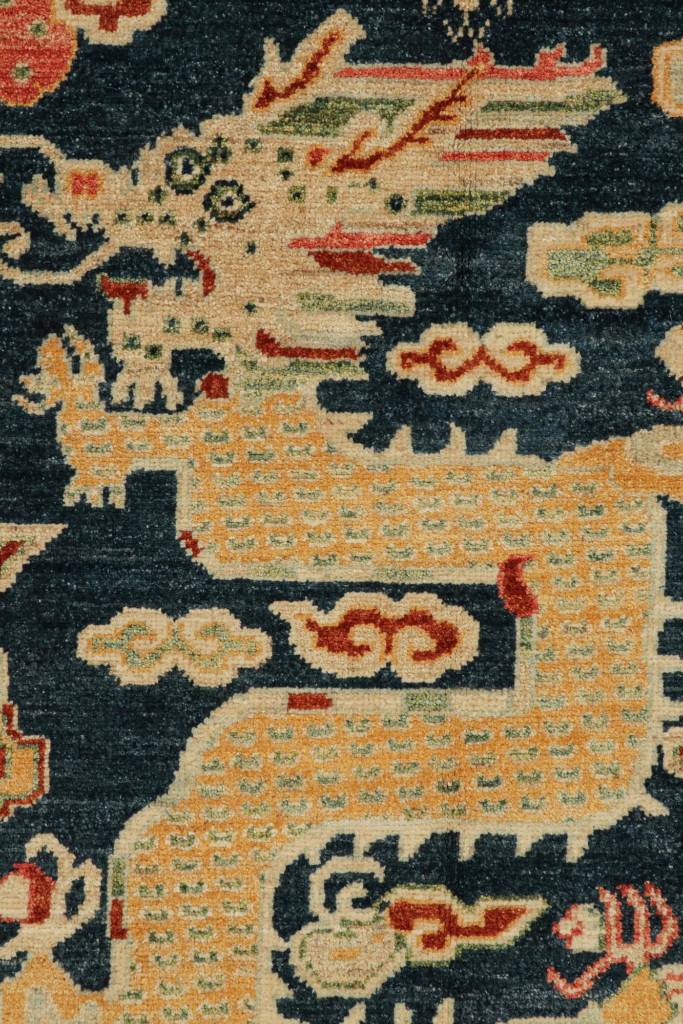 Afghan Rug & Kilim’s Chinese Style Custom Runner in Blue with Gold Dragon Pictorial For Sale