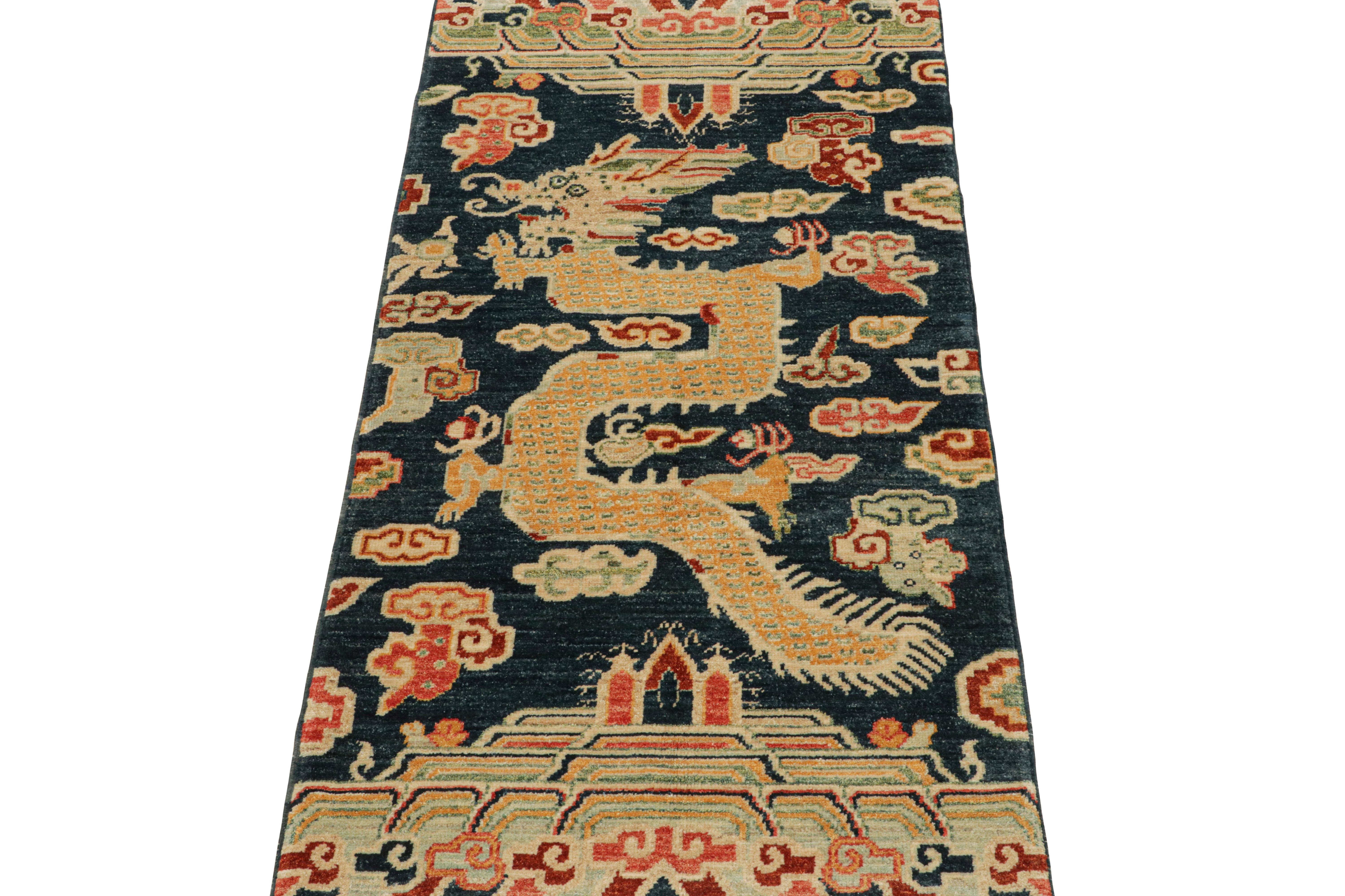 Rug & Kilim’s Chinese Style Custom Runner in Blue with Gold Dragon Pictorial In New Condition For Sale In Long Island City, NY
