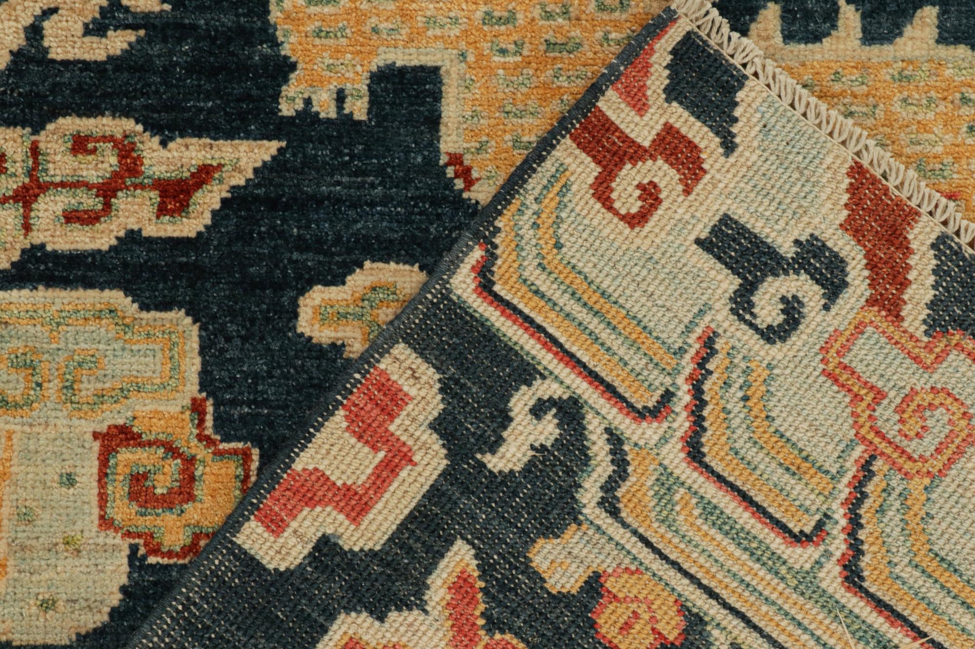 Wool Rug & Kilim’s Chinese Style Custom Runner in Blue with Gold Dragon Pictorial For Sale