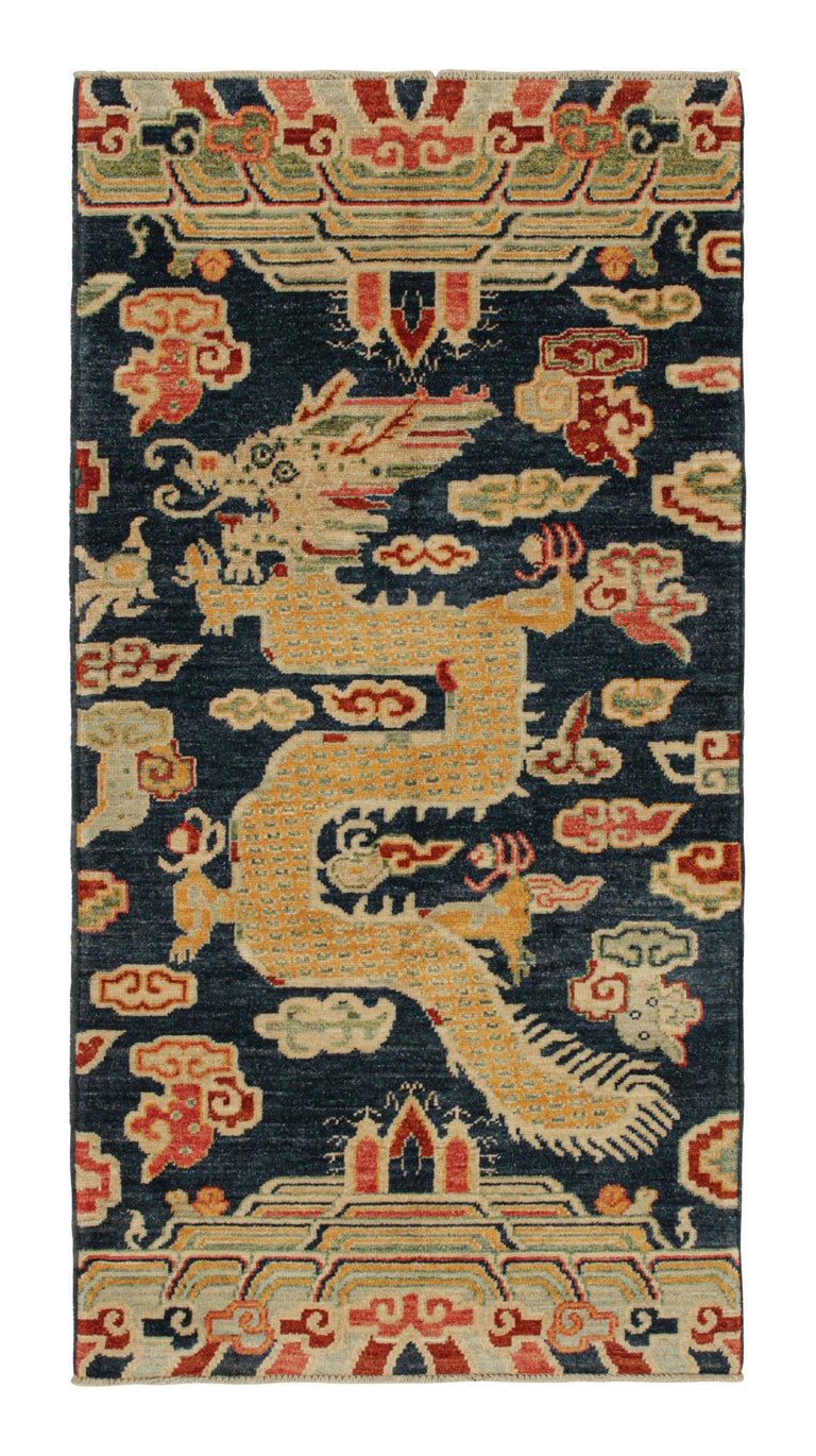 Rug and Kilim’s Chinese Style Custom Runner in Blue with Gold Dragon ...