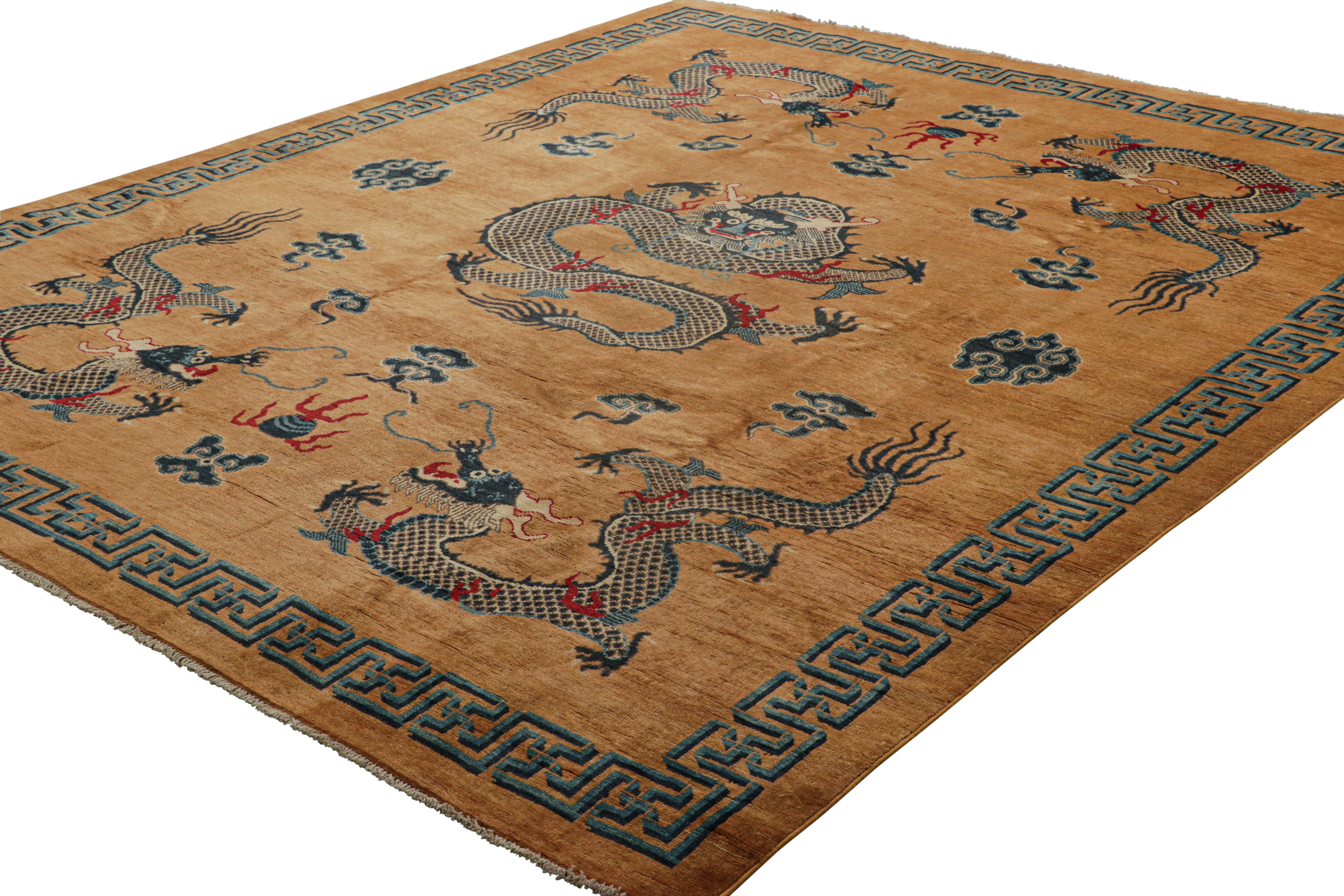 Modern Rug & Kilim’s Chinese Style Dragon Rug in Brown with Red and Blue Pictorials For Sale