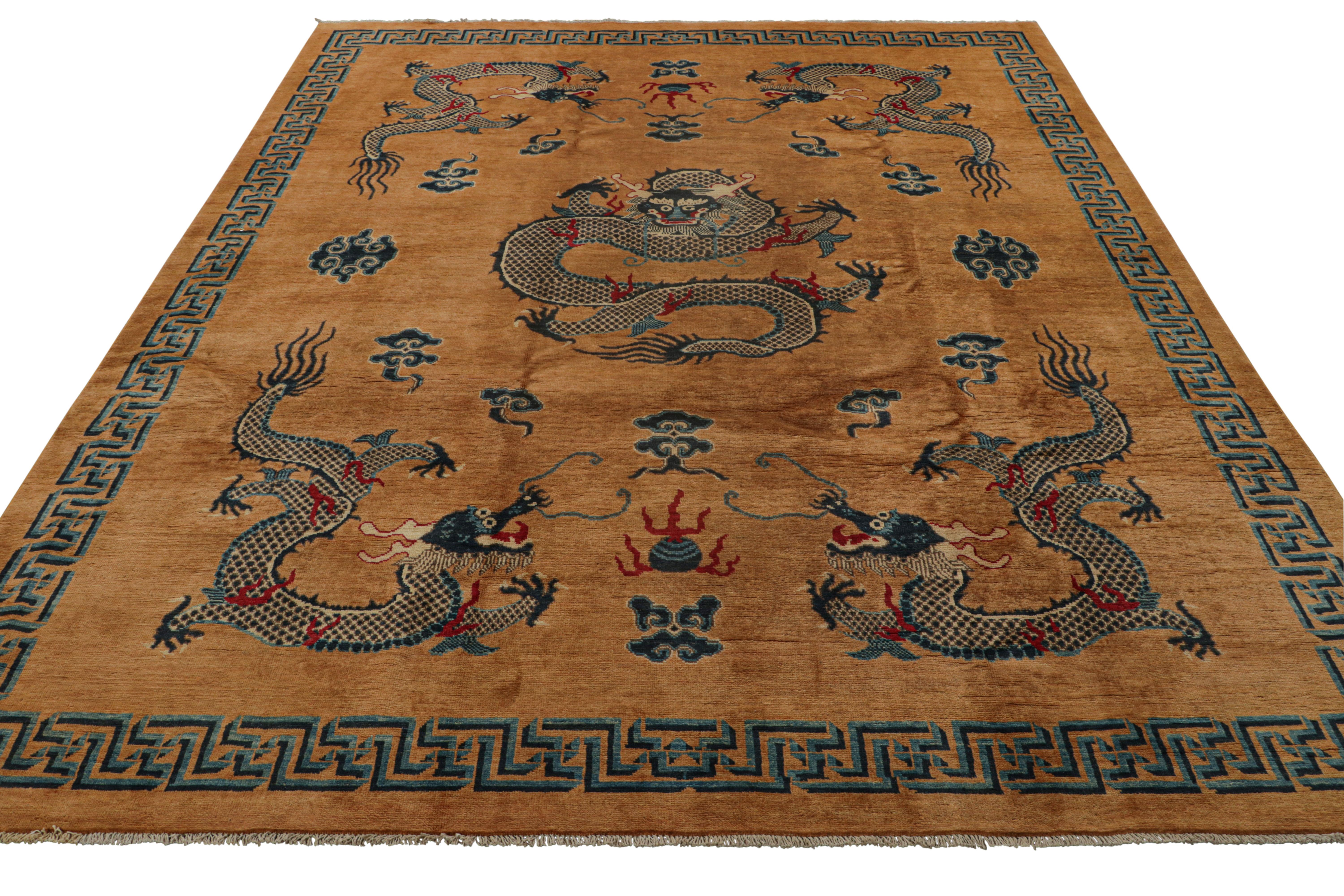 Afghan Rug & Kilim’s Chinese Style Dragon Rug in Brown with Red and Blue Pictorials For Sale