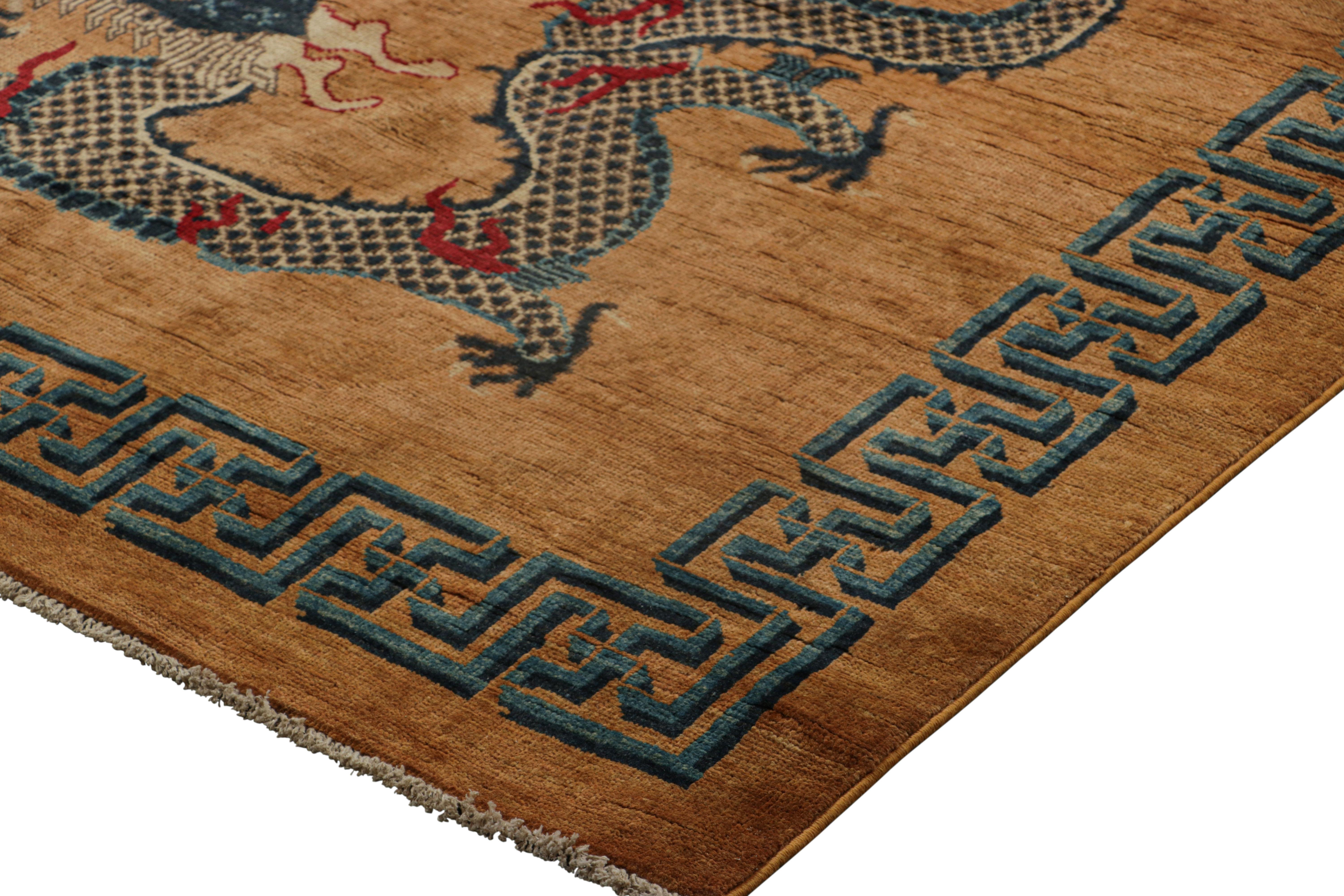 Hand-Knotted Rug & Kilim’s Chinese Style Dragon Rug in Brown with Red and Blue Pictorials For Sale