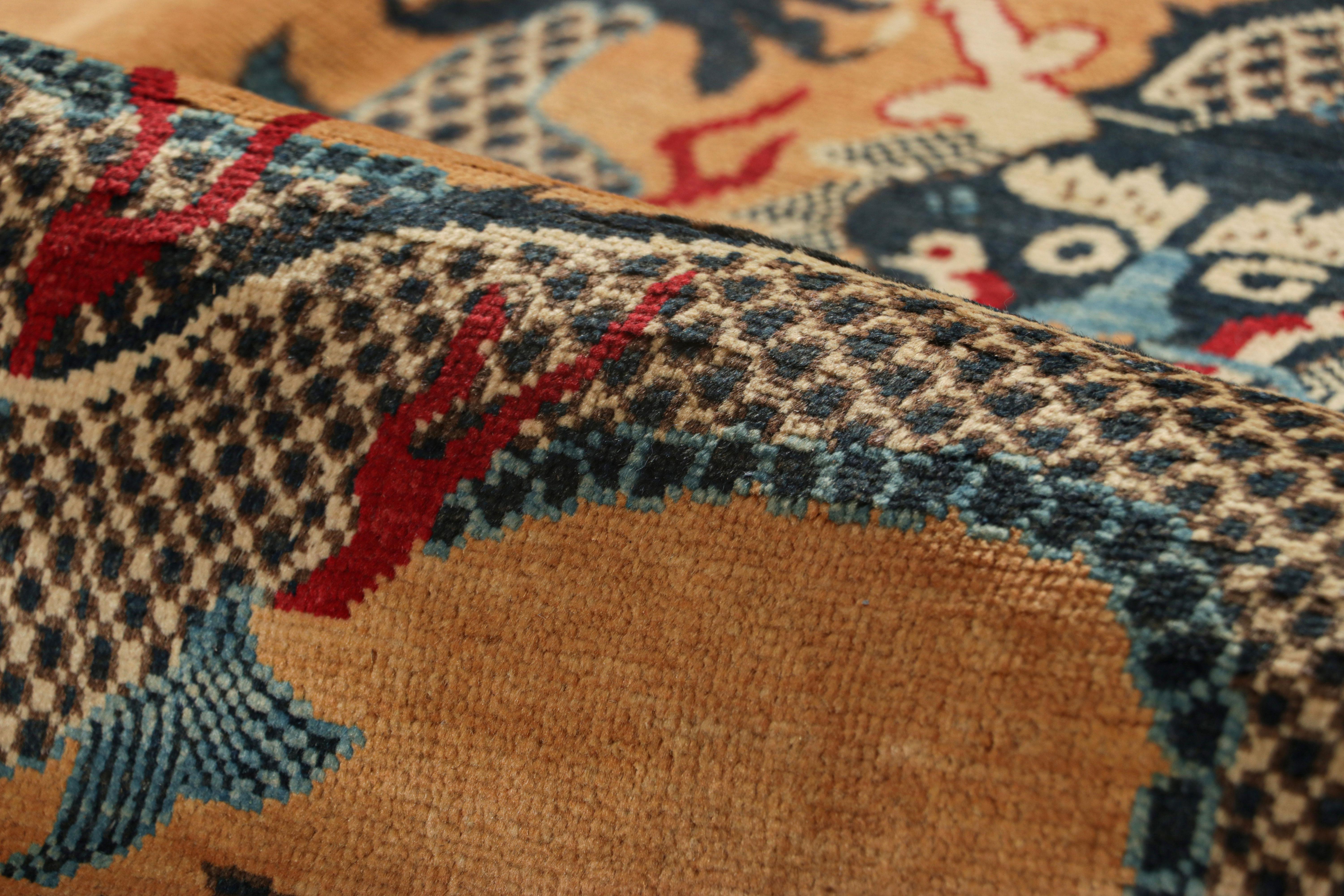 Contemporary Rug & Kilim’s Chinese Style Dragon Rug in Brown with Red and Blue Pictorials For Sale