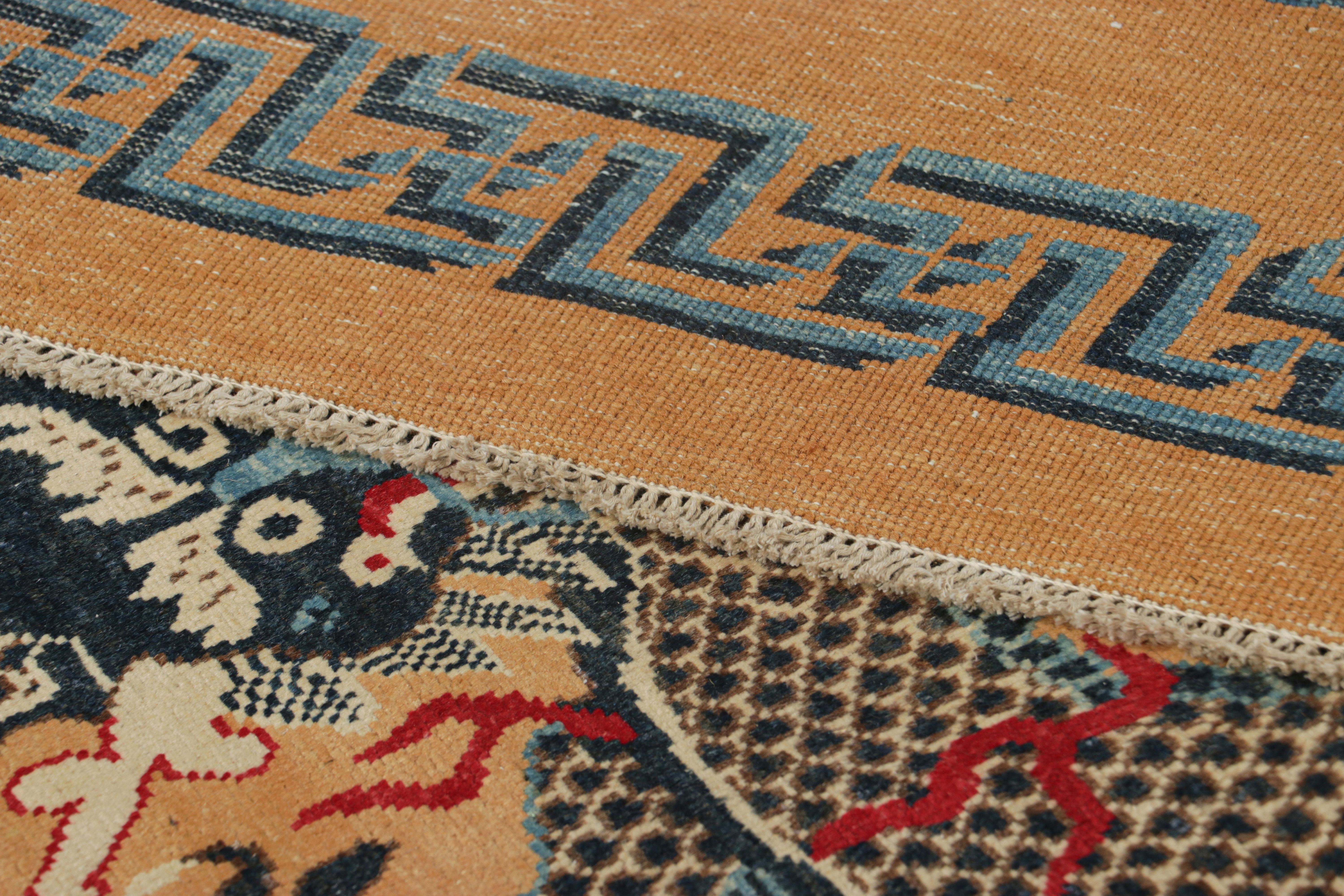 Wool Rug & Kilim’s Chinese Style Dragon Rug in Brown with Red and Blue Pictorials For Sale