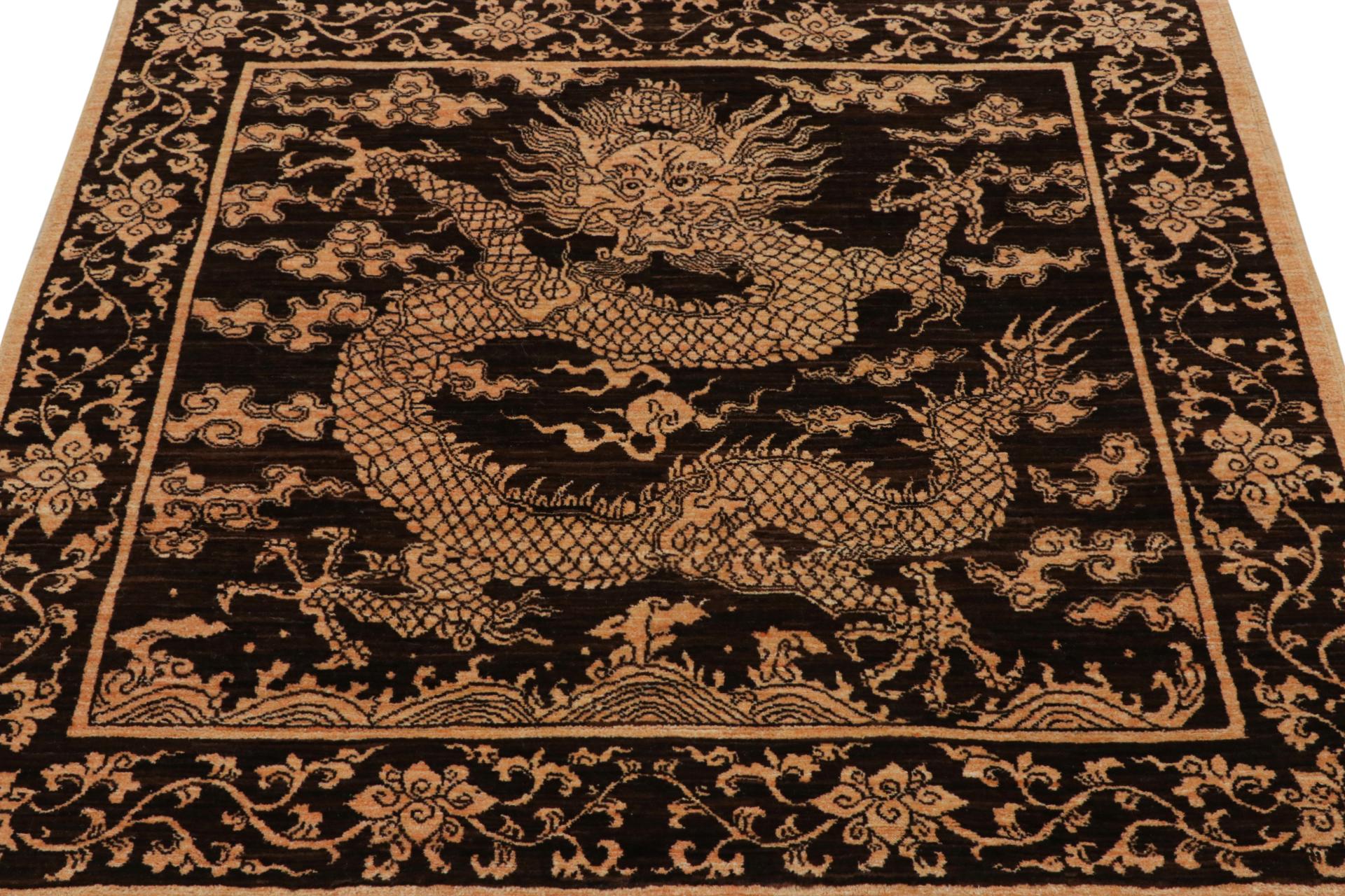 Afghan Rug & Kilim’s Chinese style Dragon Rug with Brown, Black and Gold Pictorials For Sale
