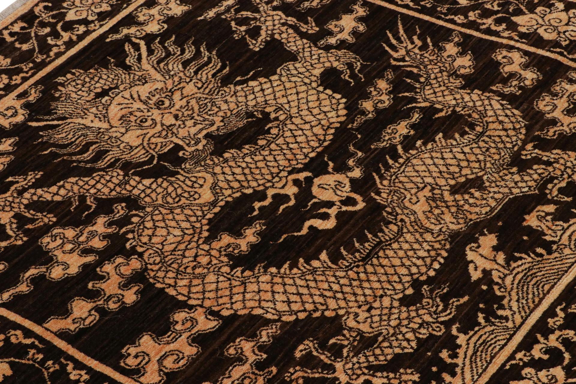 Hand-Knotted Rug & Kilim’s Chinese style Dragon Rug with Brown, Black and Gold Pictorials For Sale
