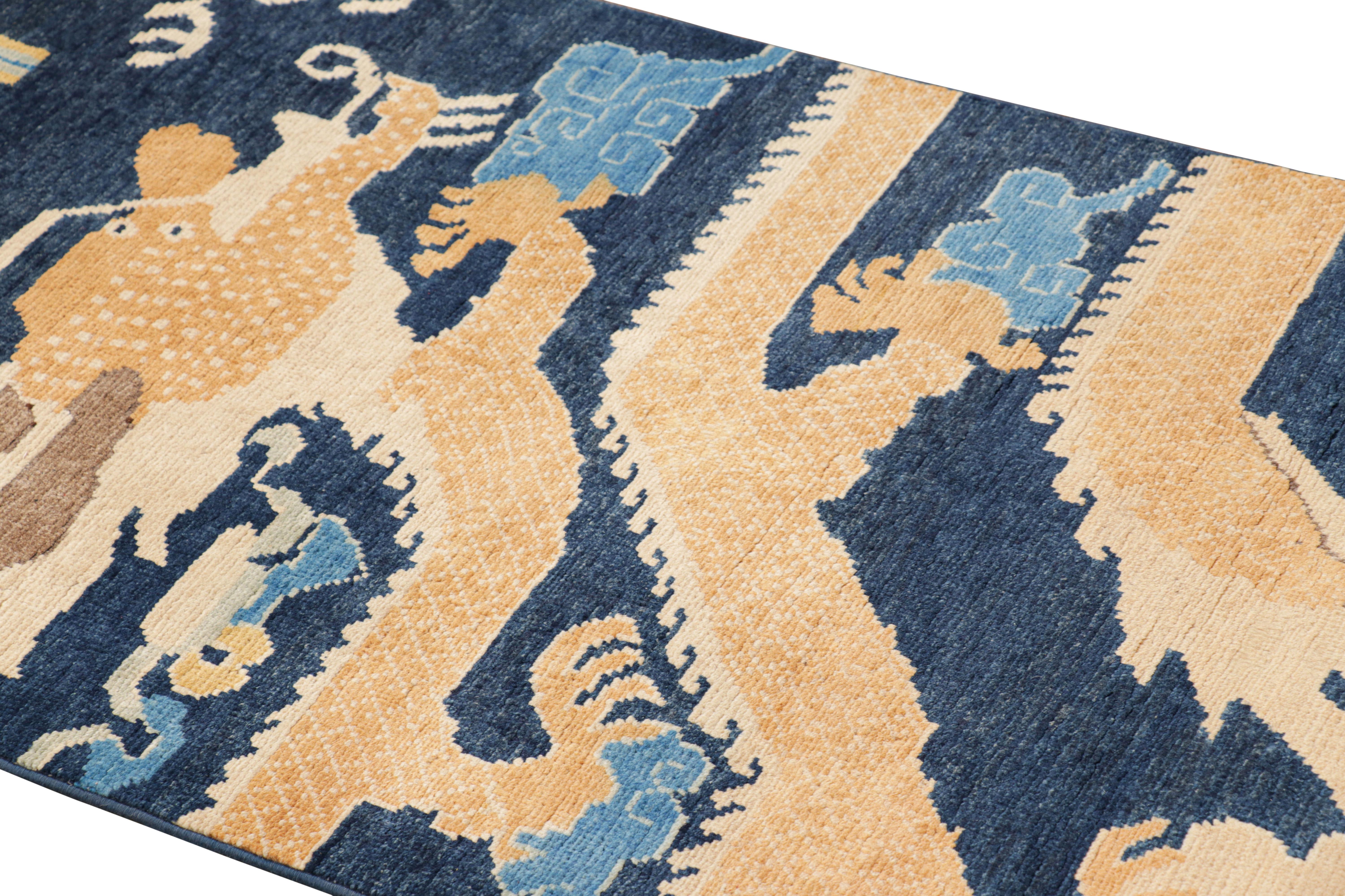 Hand-knotted in wool, this 2x6 runner rug from the Modern Classics Collection by Rug & Kilim is a contemporary homage to antique Chinese dragon rugs.

On the Design: 

A navy blue tone underscores a single soaring dragon, depicted above a temple and