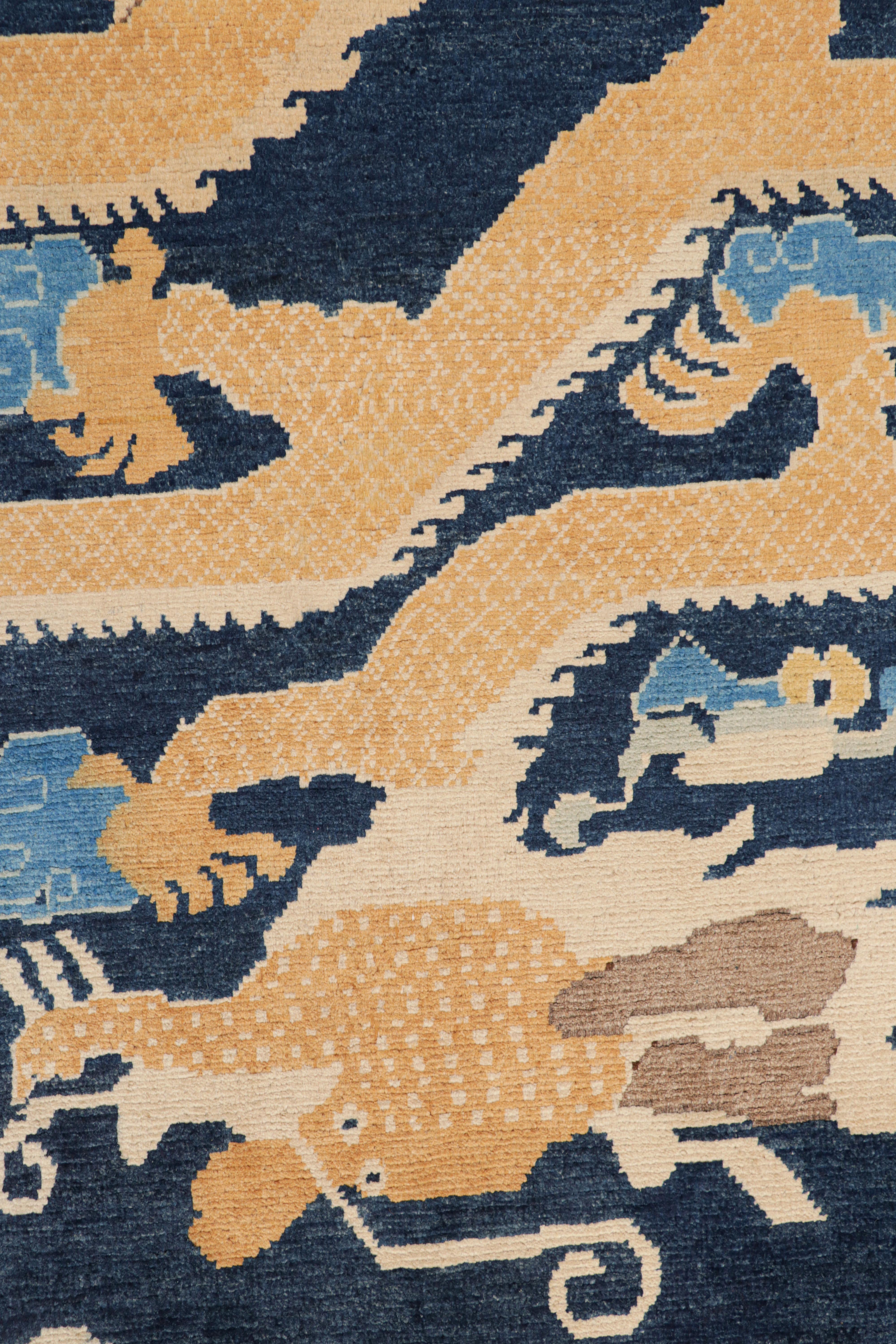 Afghan Rug & Kilim’s Chinese Style Pictorial Dragon Runner Rug in Navy Blue and Gold For Sale
