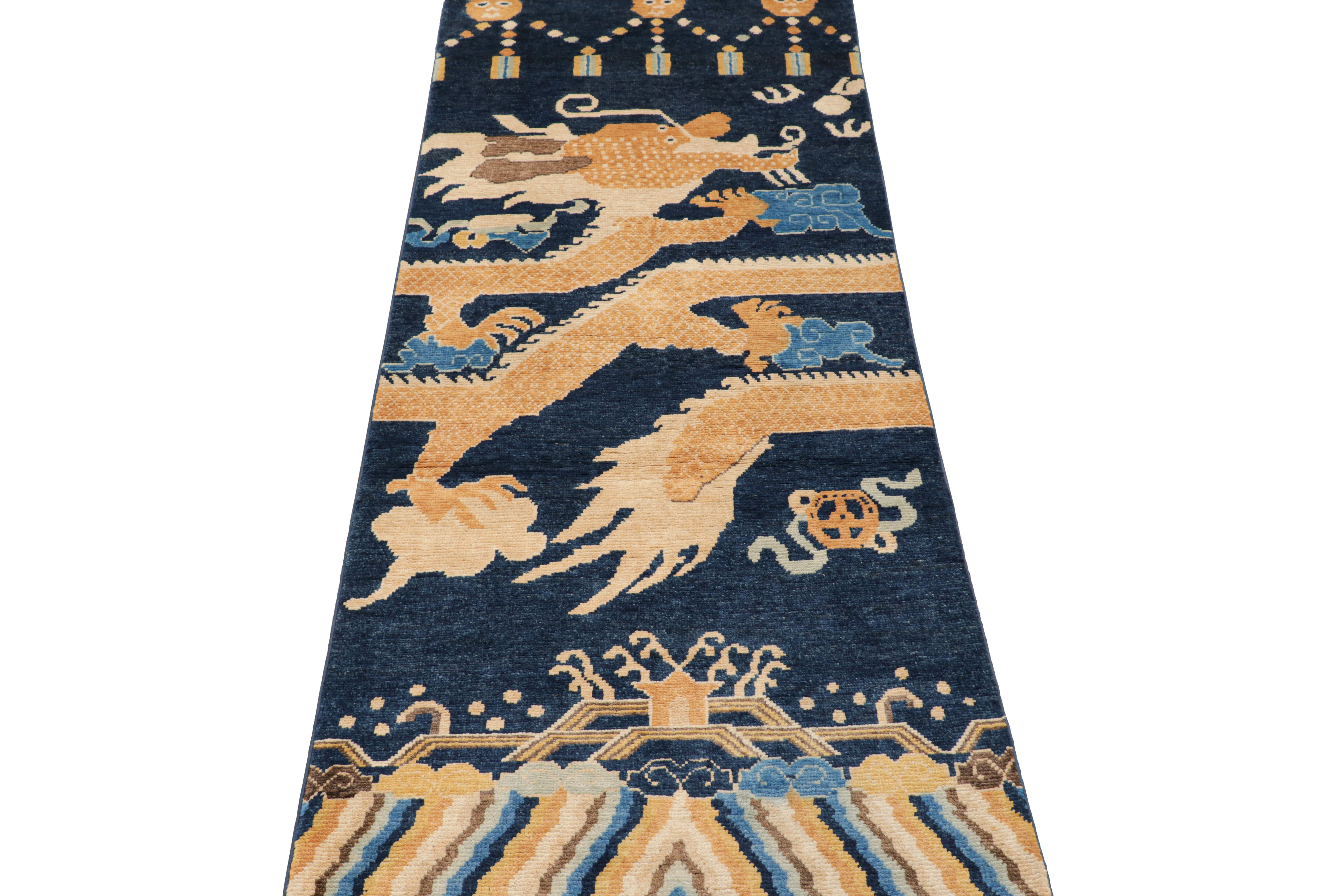 Rug & Kilim’s Chinese Style Pictorial Dragon Runner Rug in Navy Blue and Gold In New Condition For Sale In Long Island City, NY