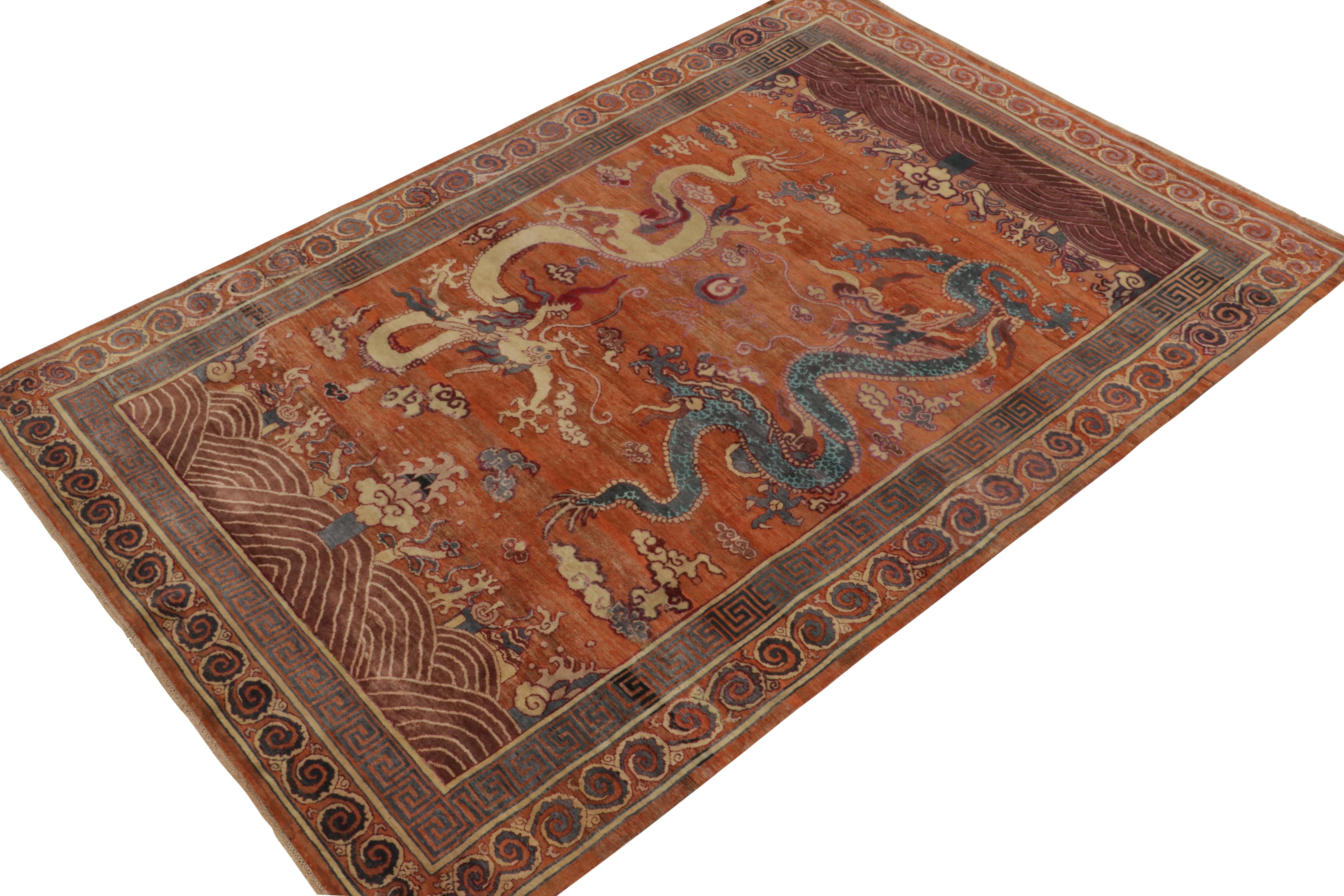 Hand-knotted in wool, this 7x10 from our Modern Classics collection recaptures an iconic, rare style of Chinese pictorial rugs.

On the Design: The portrait depicts soaring Chinese dragons — renowned as symbols of divinity, fortune, and similar