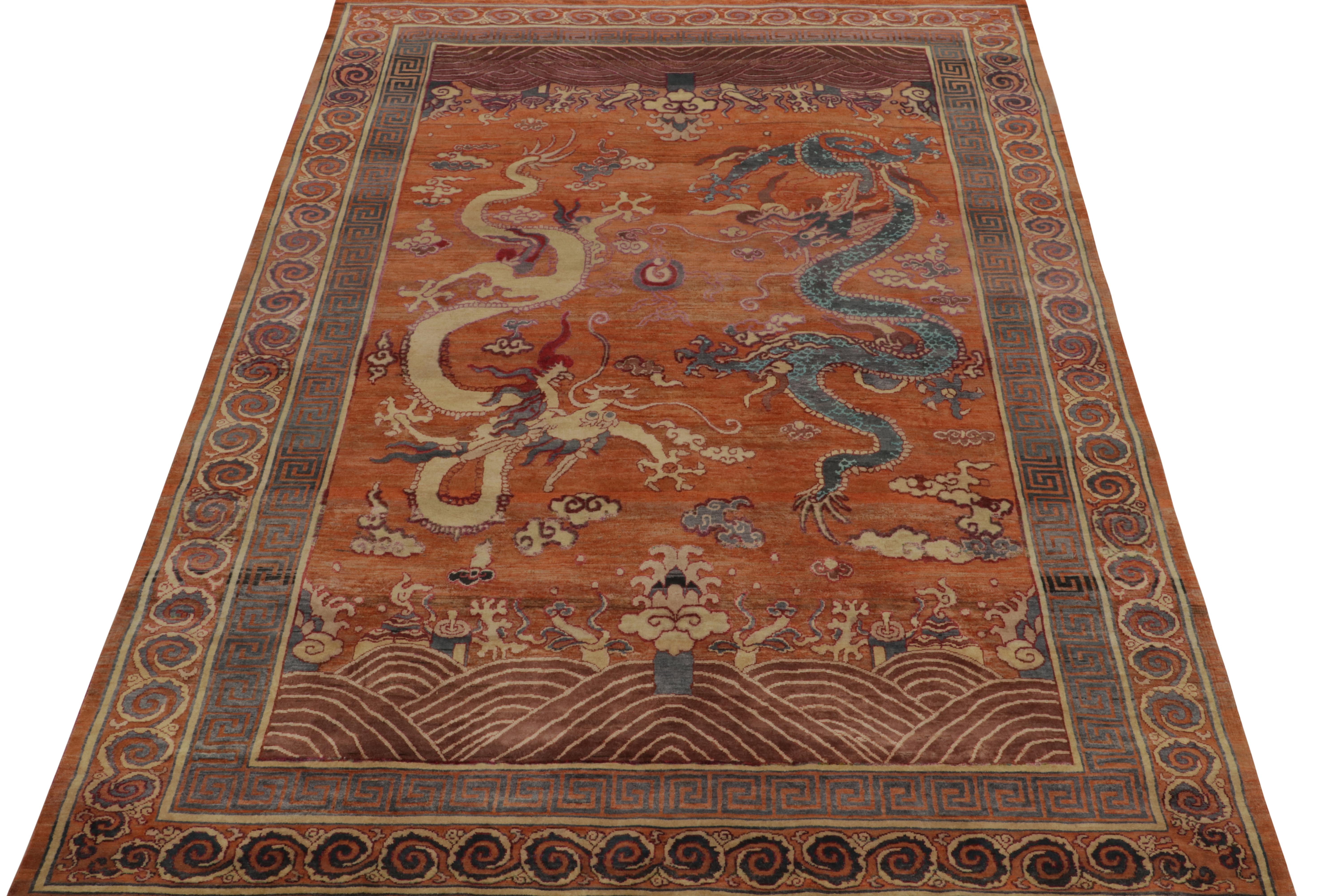 Indian Rug & Kilim’s Chinese style Pictorial rug in Orange with Beige and Blue Dragons For Sale