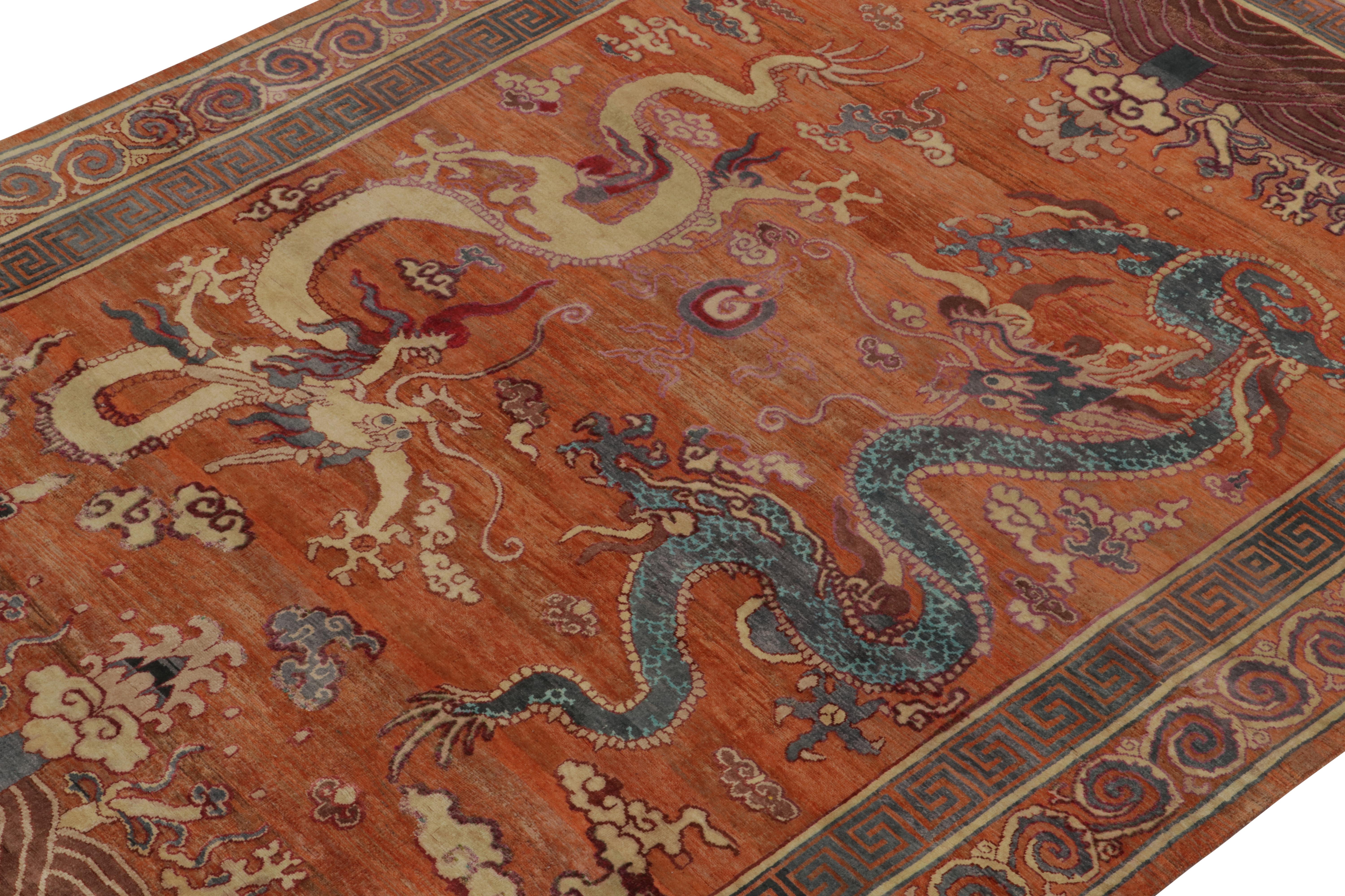 Hand-Knotted Rug & Kilim’s Chinese style Pictorial rug in Orange with Beige and Blue Dragons For Sale