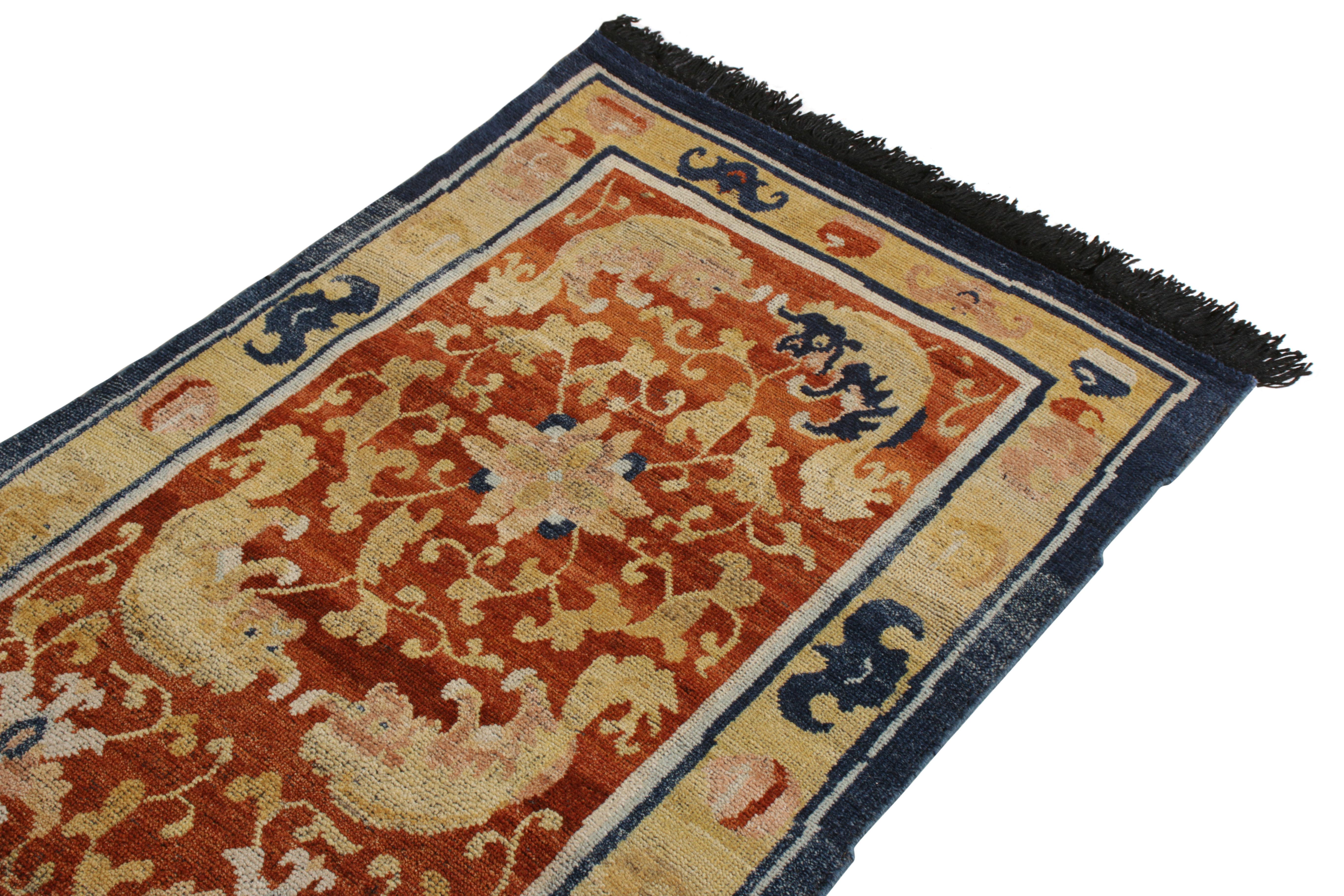 Other Rug & Kilim’s Chinese Style Pictorial Runner in Gold and Orange All Over Pattern For Sale