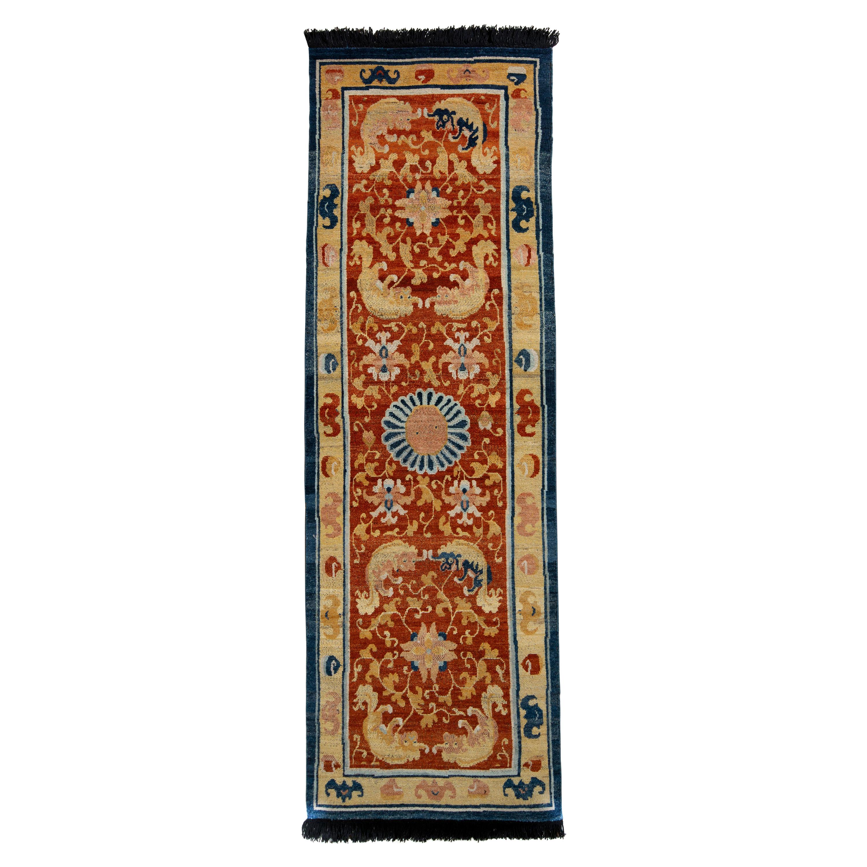 Rug & Kilim’s Chinese Style Pictorial Runner in Gold and Orange All Over Pattern For Sale
