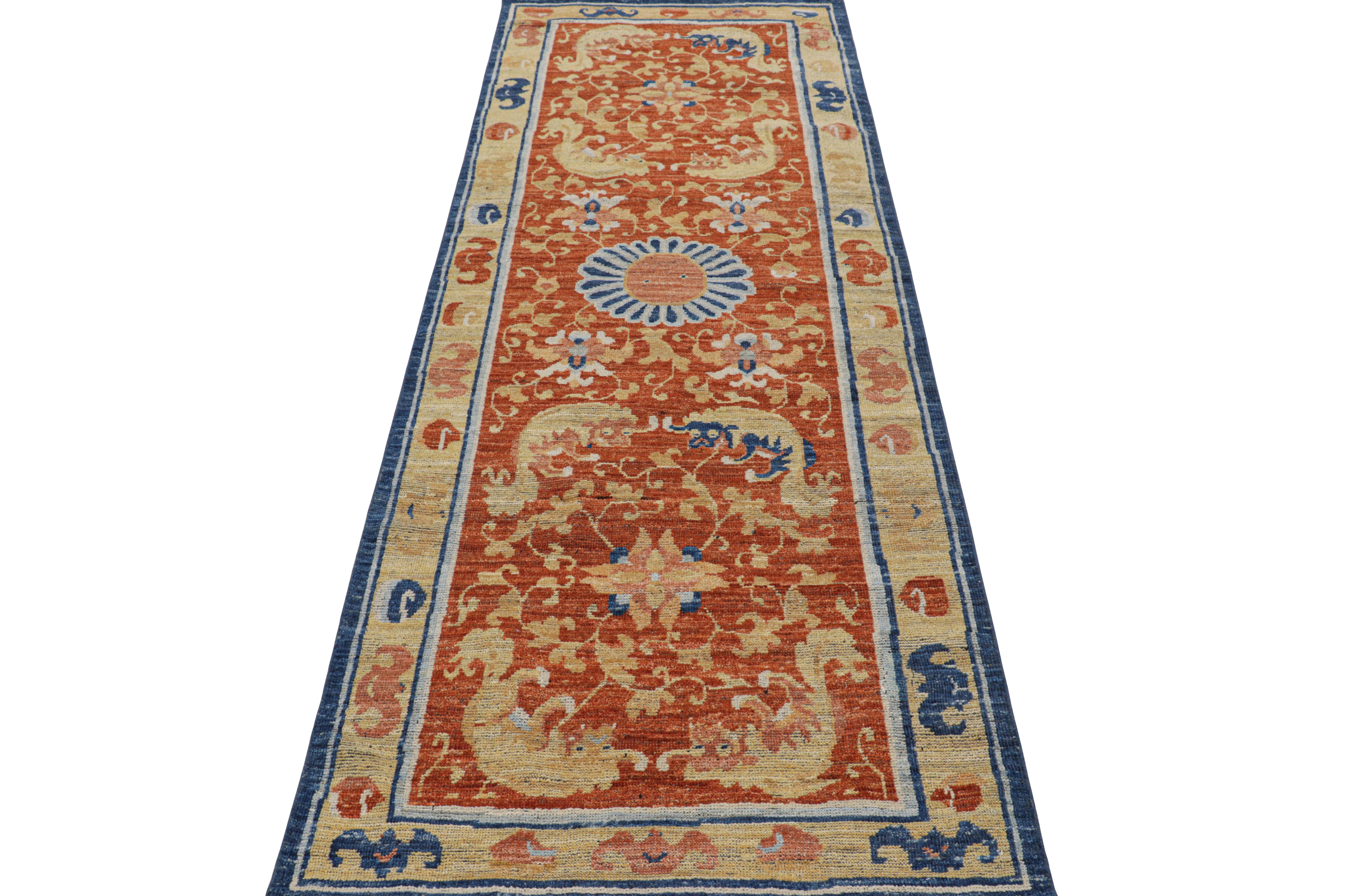Hand-Knotted Rug & Kilim’s Chinese Style Runner Rug in Burnt Orange with Kirin Pictorials For Sale