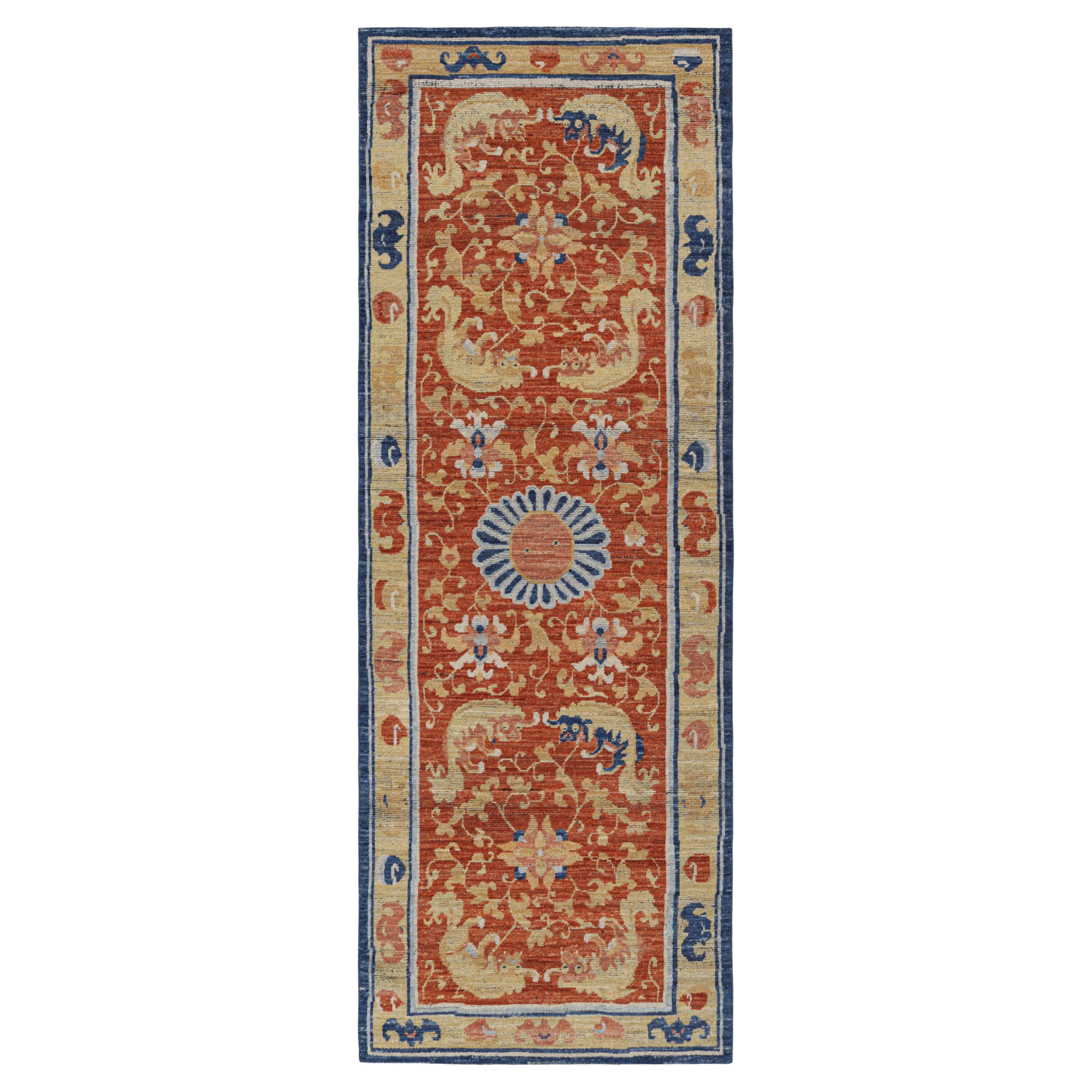 Rug & Kilim’s Chinese Style Runner Rug in Burnt Orange with Kirin Pictorials For Sale