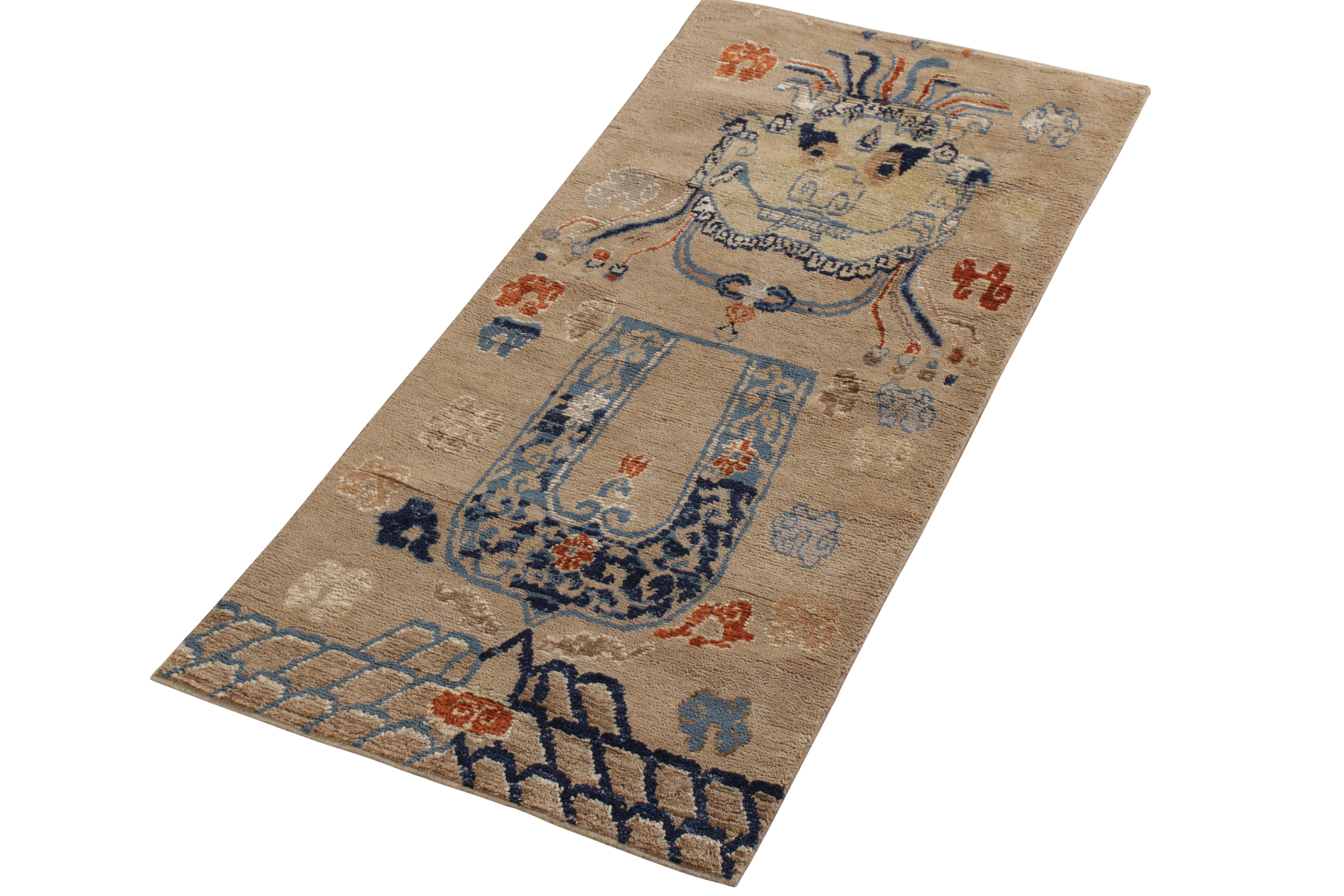 A 2x6 runner inspired by classic Tiger rug styles, from Rug & Kilim’s Burano Collection. Hand knotted in wool, enjoying blue and beige with lively accenting colors prevailing in this iconic cultural homage. Graphic and meticulous alike, exemplifying