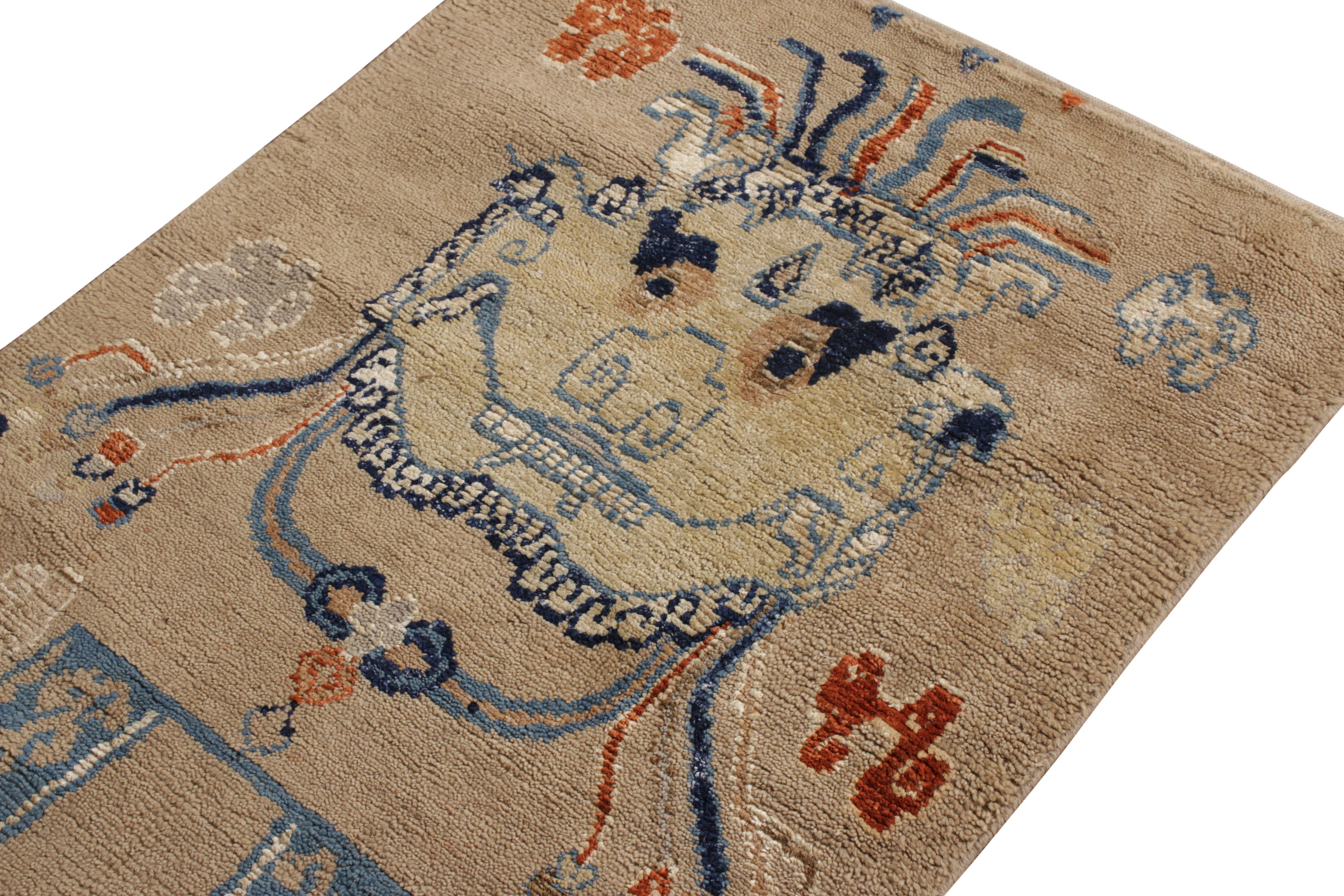 Other Rug & Kilim’s Chinese Style Tiger Runner in Beige and Blue Pictorial Patterns