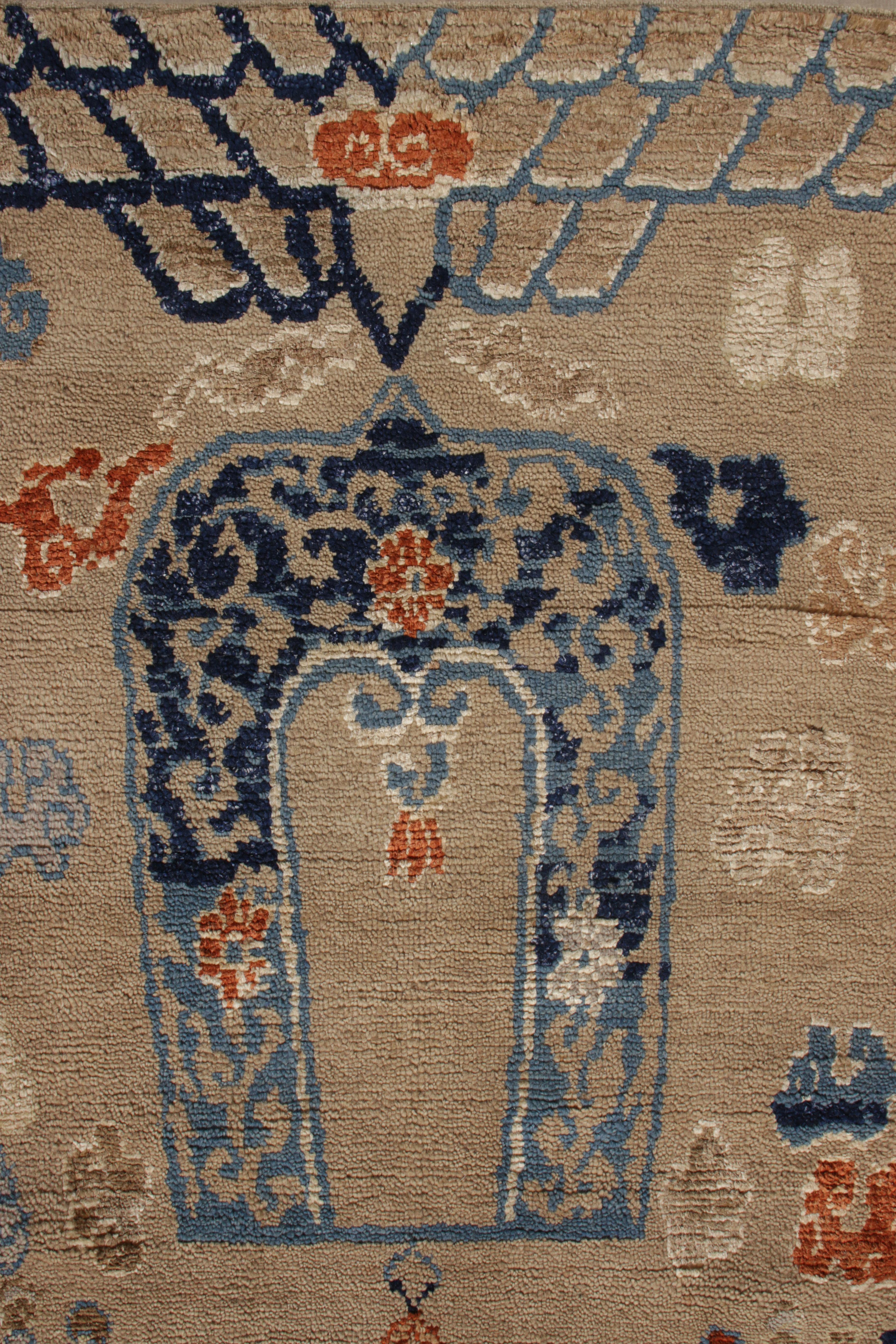 Indian Rug & Kilim’s Chinese Style Tiger Runner in Beige and Blue Pictorial Patterns
