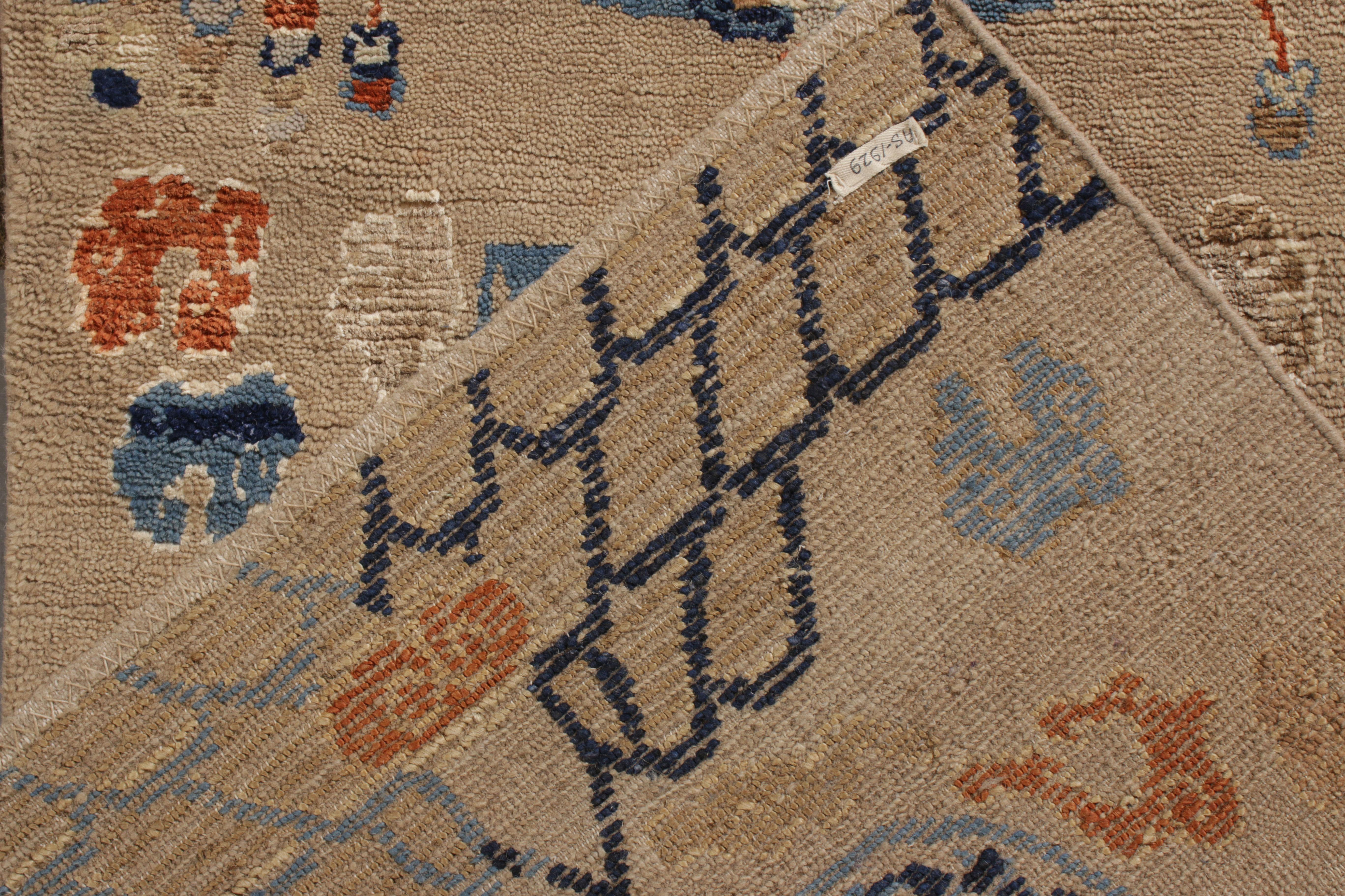 Hand-Knotted Rug & Kilim’s Chinese Style Tiger Runner in Beige and Blue Pictorial Patterns