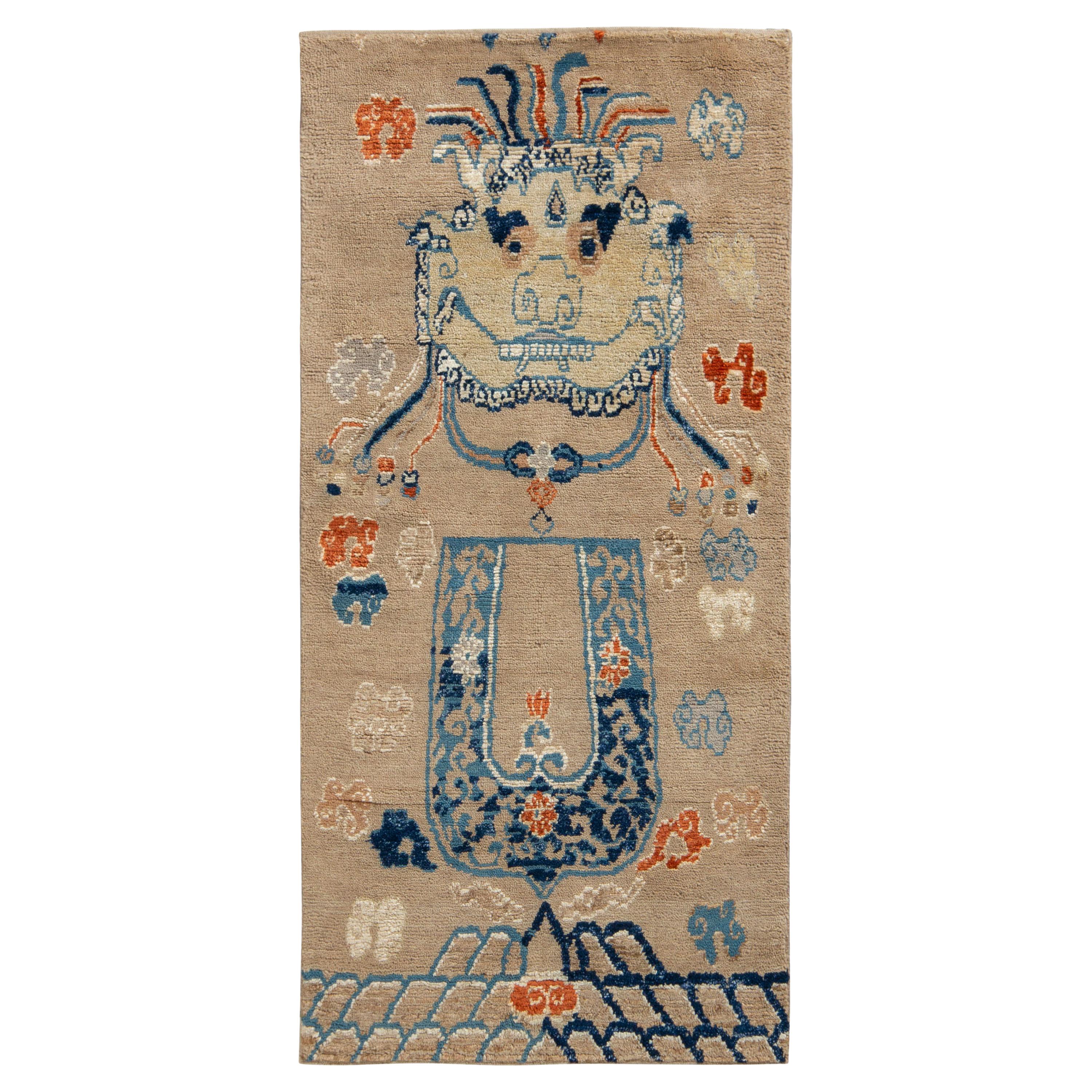 Rug & Kilim’s Chinese Style Tiger Runner in Beige and Blue Pictorial Patterns