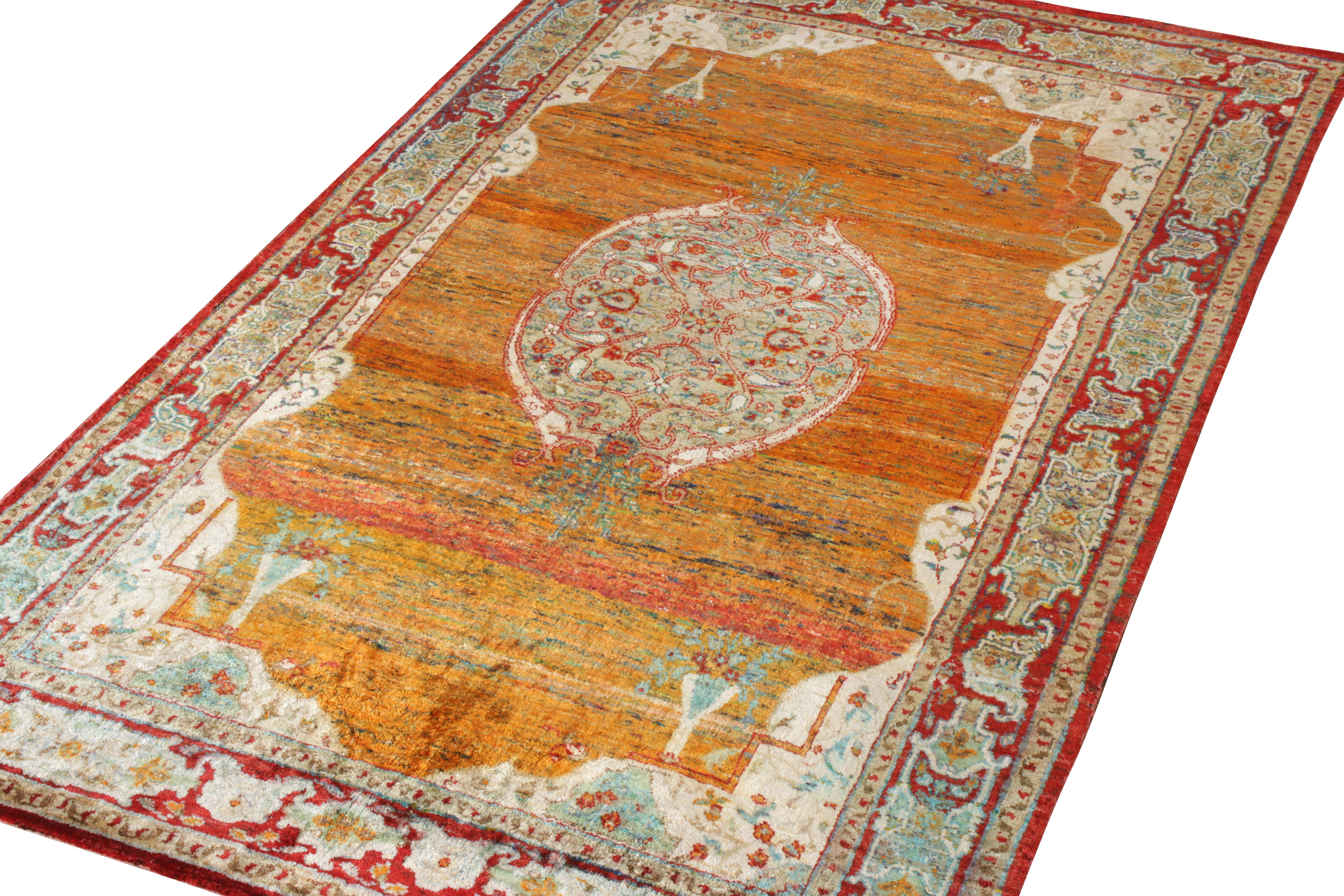 Indian Rug & Kilim’s Classic Agra Style Rug in Orange-Red, Blue Medallion Pattern For Sale