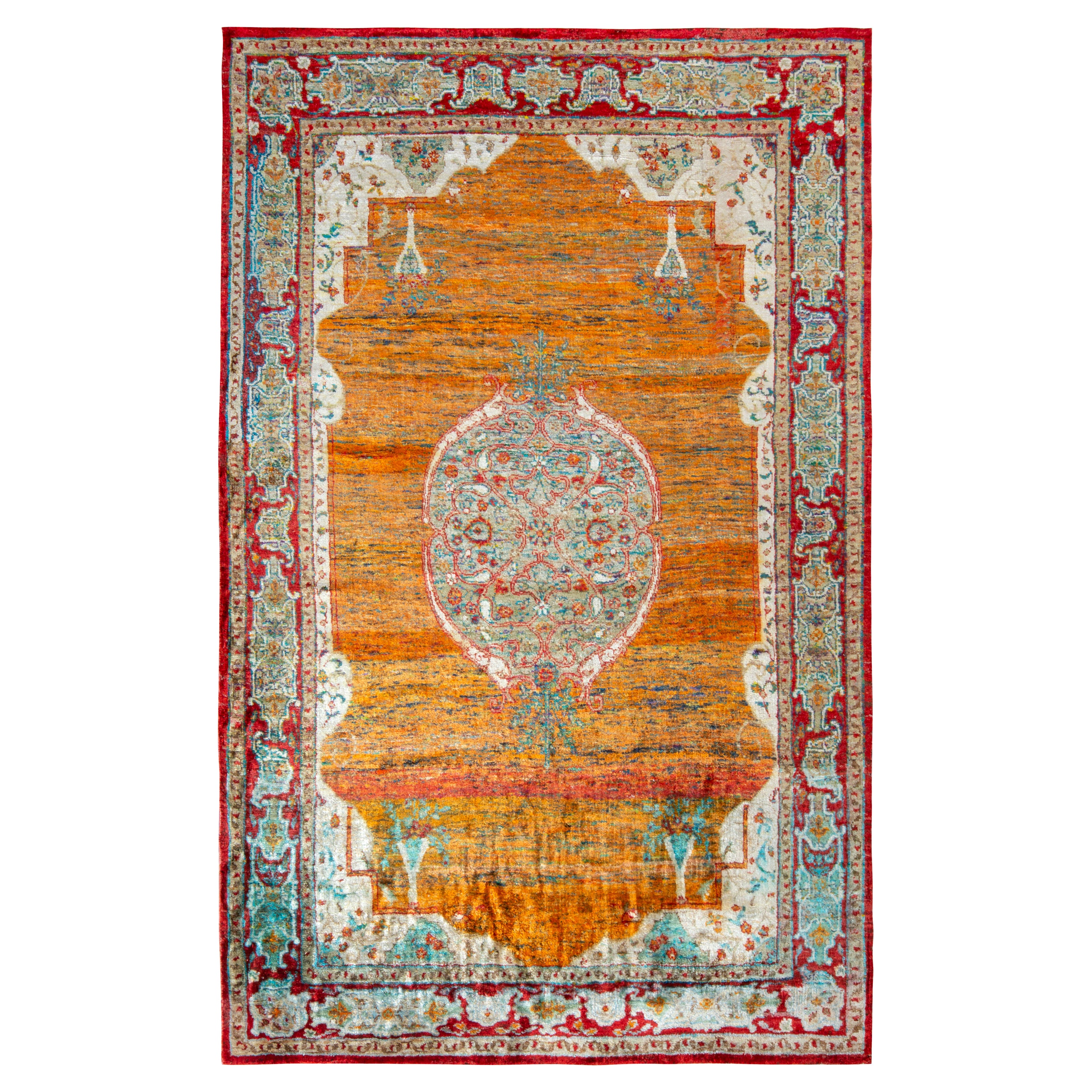 Alfombra Clásica Estilo Agra de Rug & Kilim en Naranja-Rojo, Diseño Medallón Azul