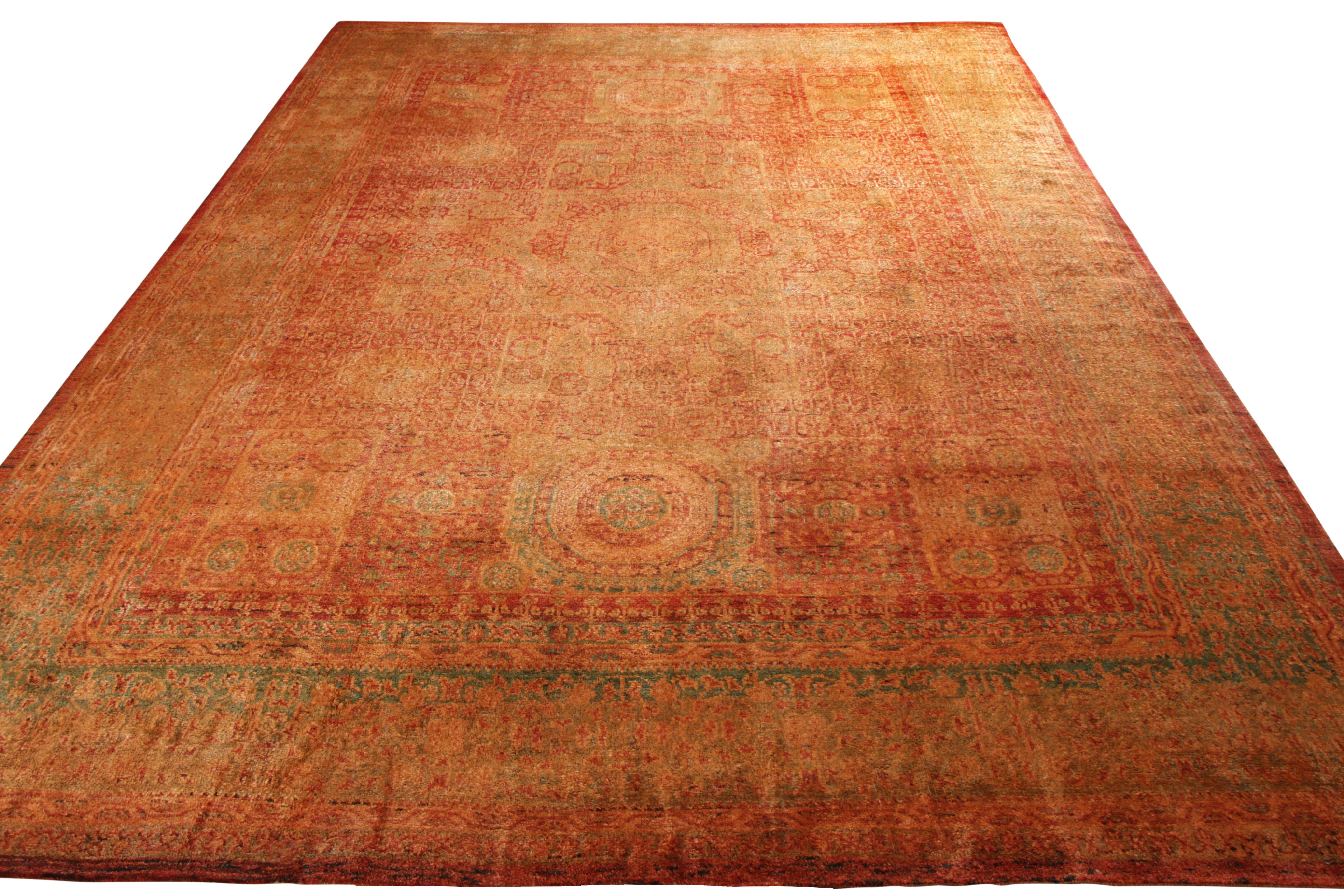 Rejoicing Indian aesthetics, Rug & Kilim presents this 9x13 Agra inspired design from its Modern Classics Collection. Hand knotted in wool and silk for impeccable texture, the piece makes a modern take on classic Indian style with an all over