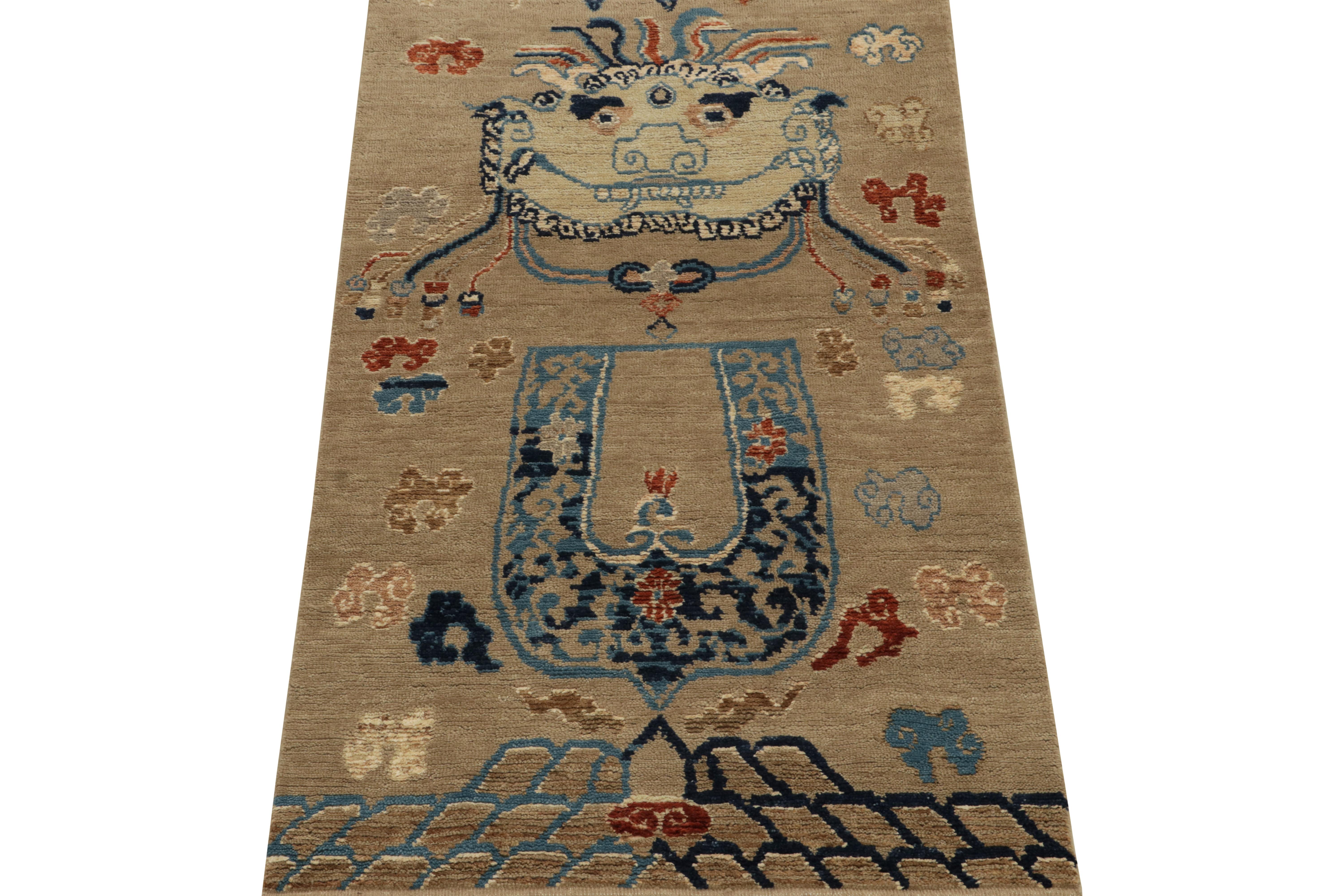 Indian Rug & Kilim’s Classic Dragon Style Runner in Beige, Orange and Blue Pictorial For Sale