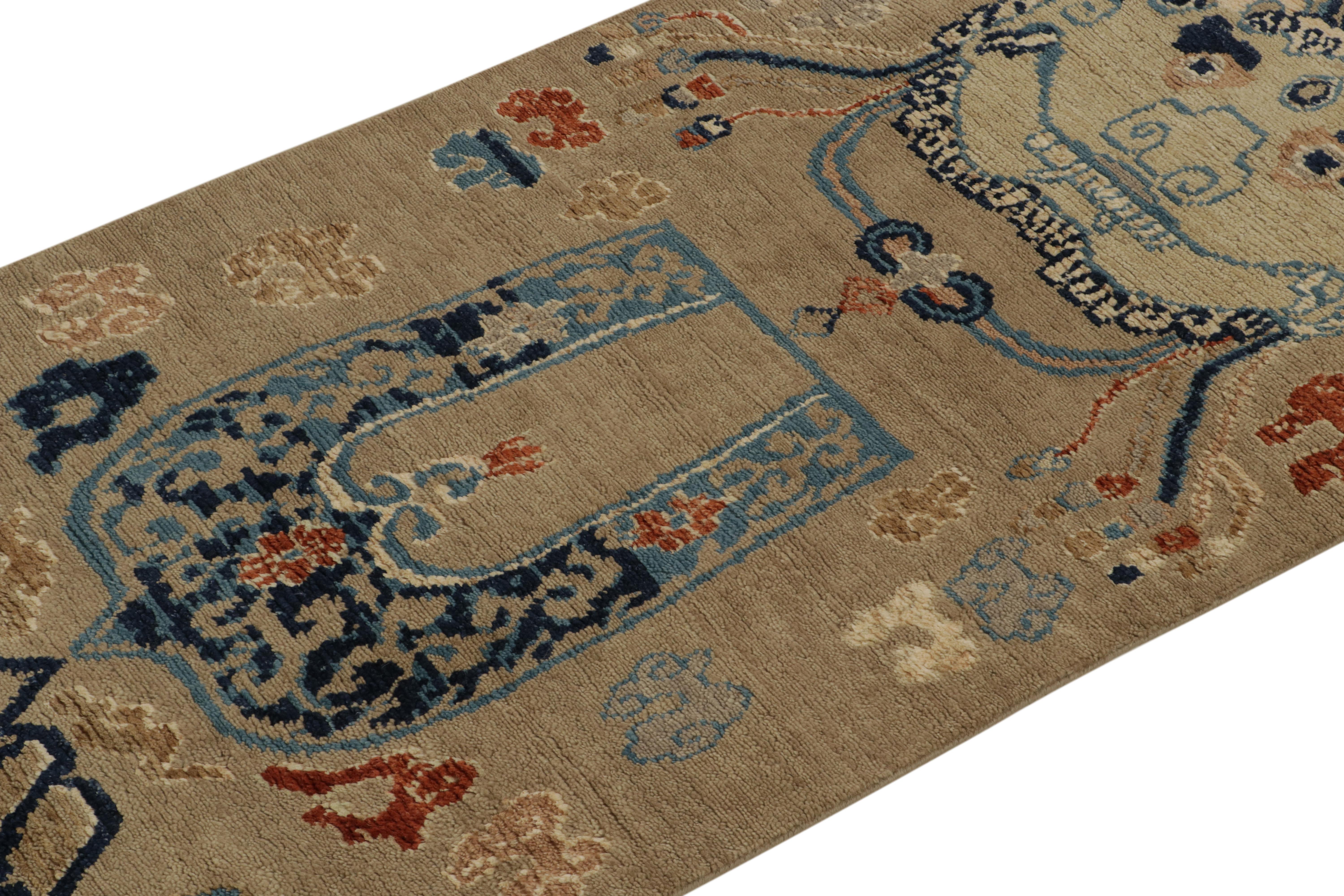 Hand-Knotted Rug & Kilim’s Classic Dragon Style Runner in Beige, Orange and Blue Pictorial For Sale