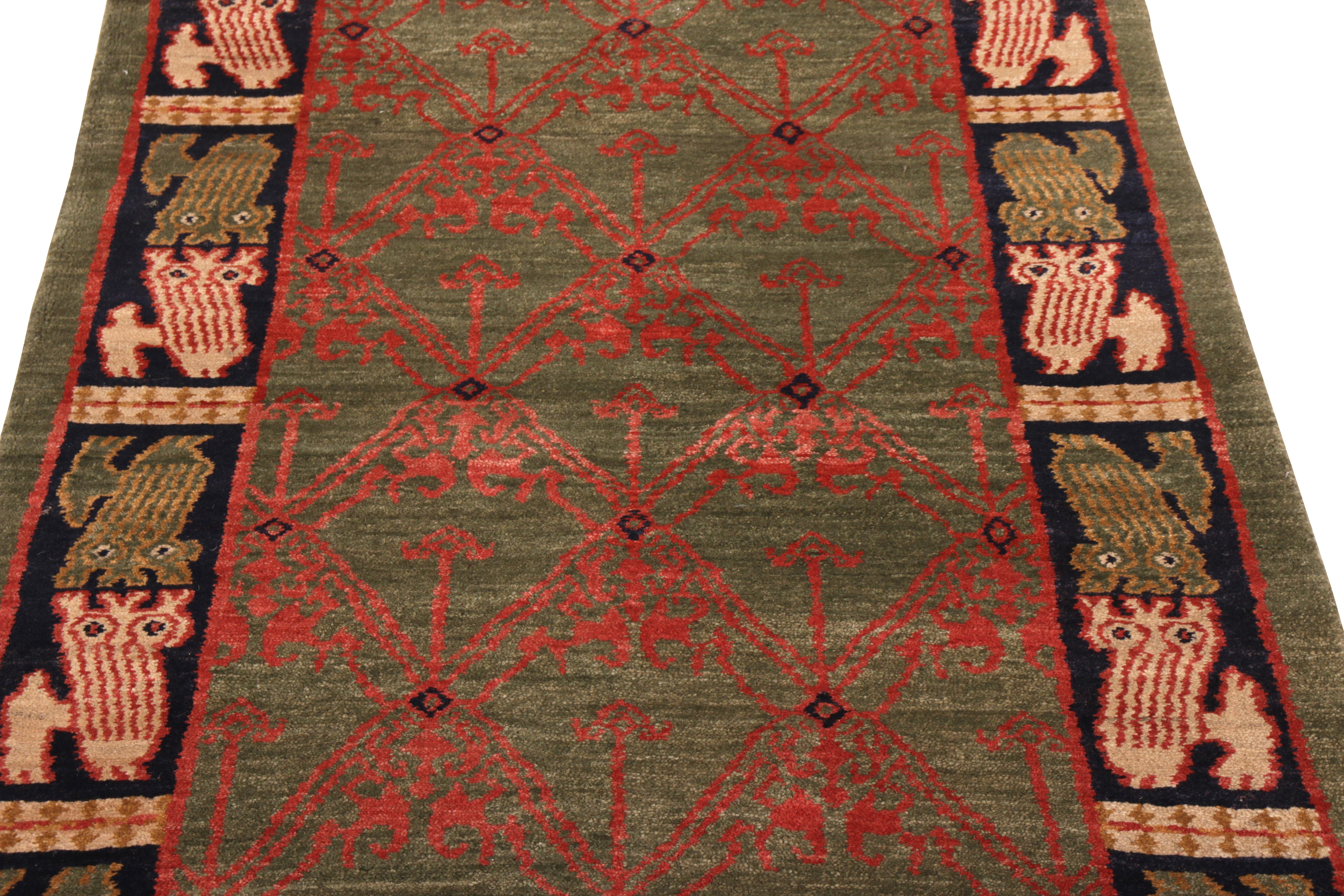 Spanish Colonial Rug & Kilim's Classic European-Style Runner Green Red Custom Rug Pattern For Sale