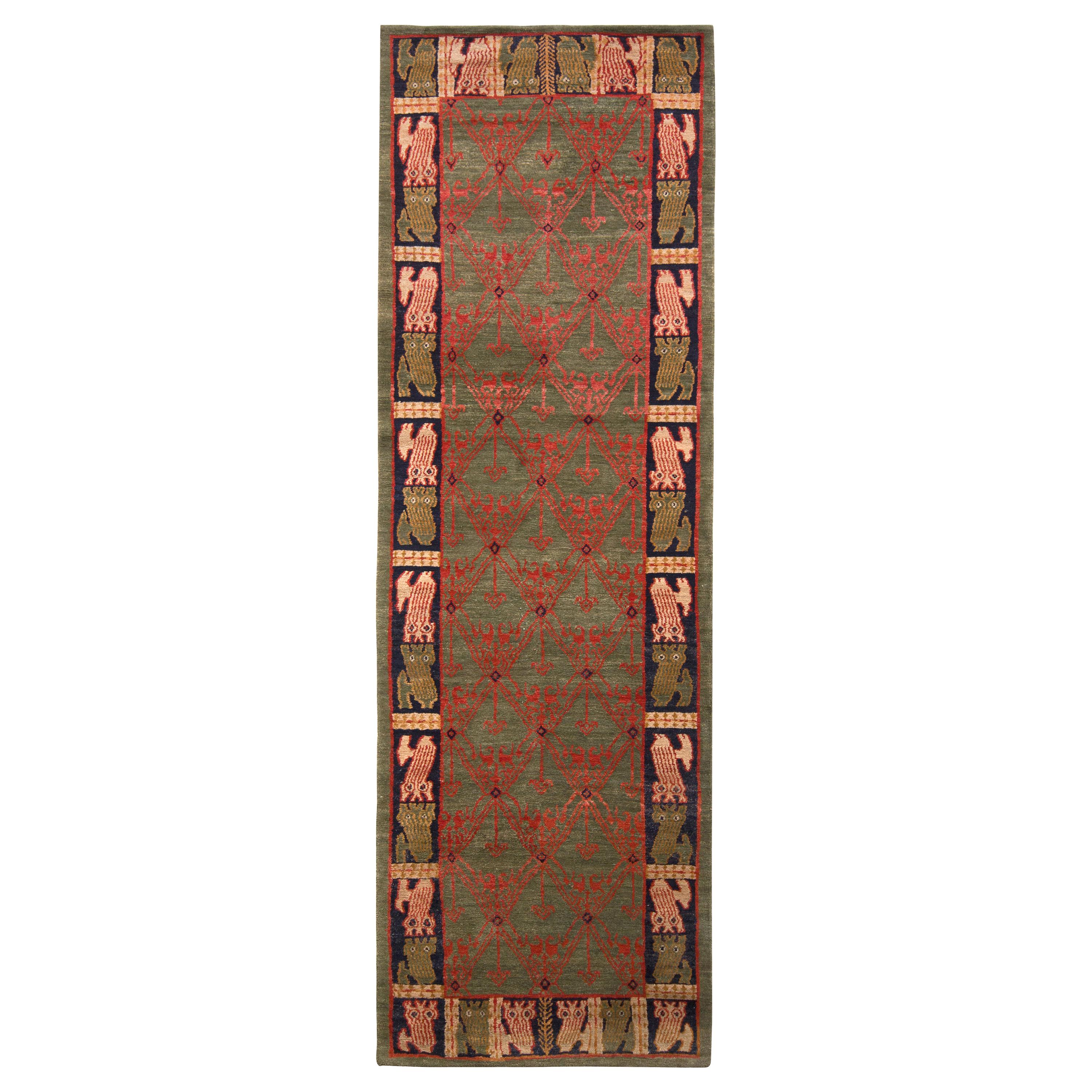 Rug & Kilim's Classic European-Style Runner Green Red Custom Rug Pattern For Sale